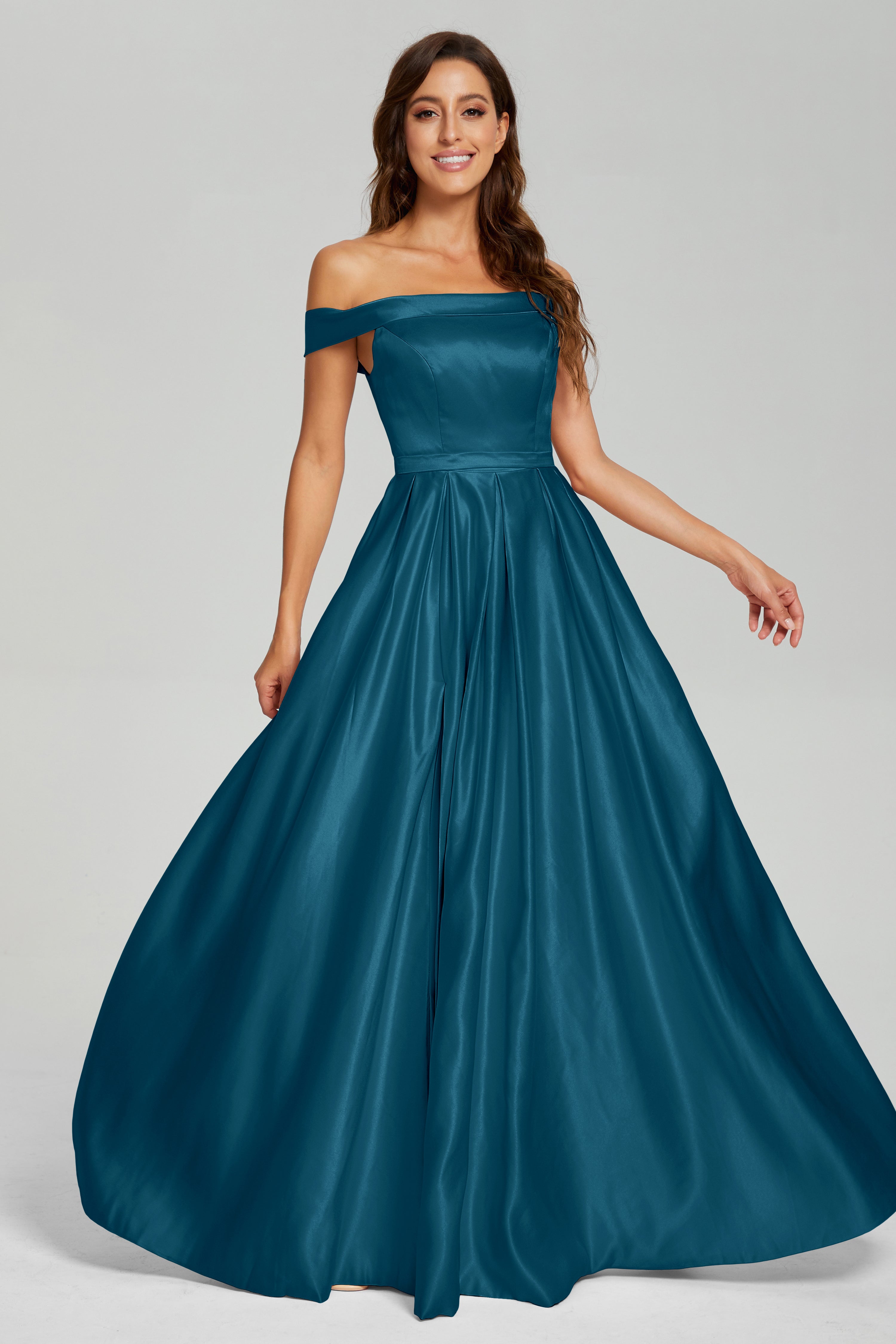 Split Off the Shoulder Satin Prom Dresses