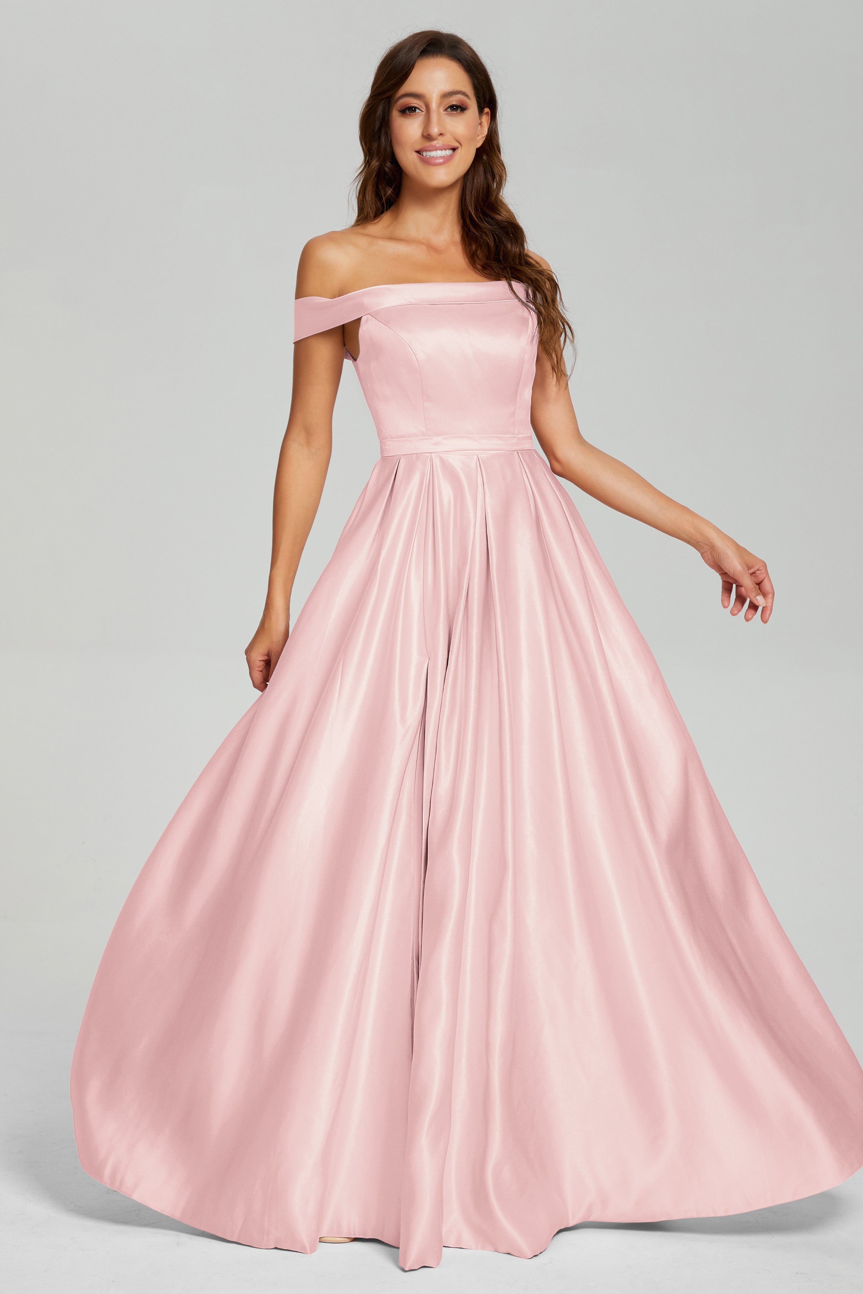 Split Off the Shoulder Satin Prom Dresses