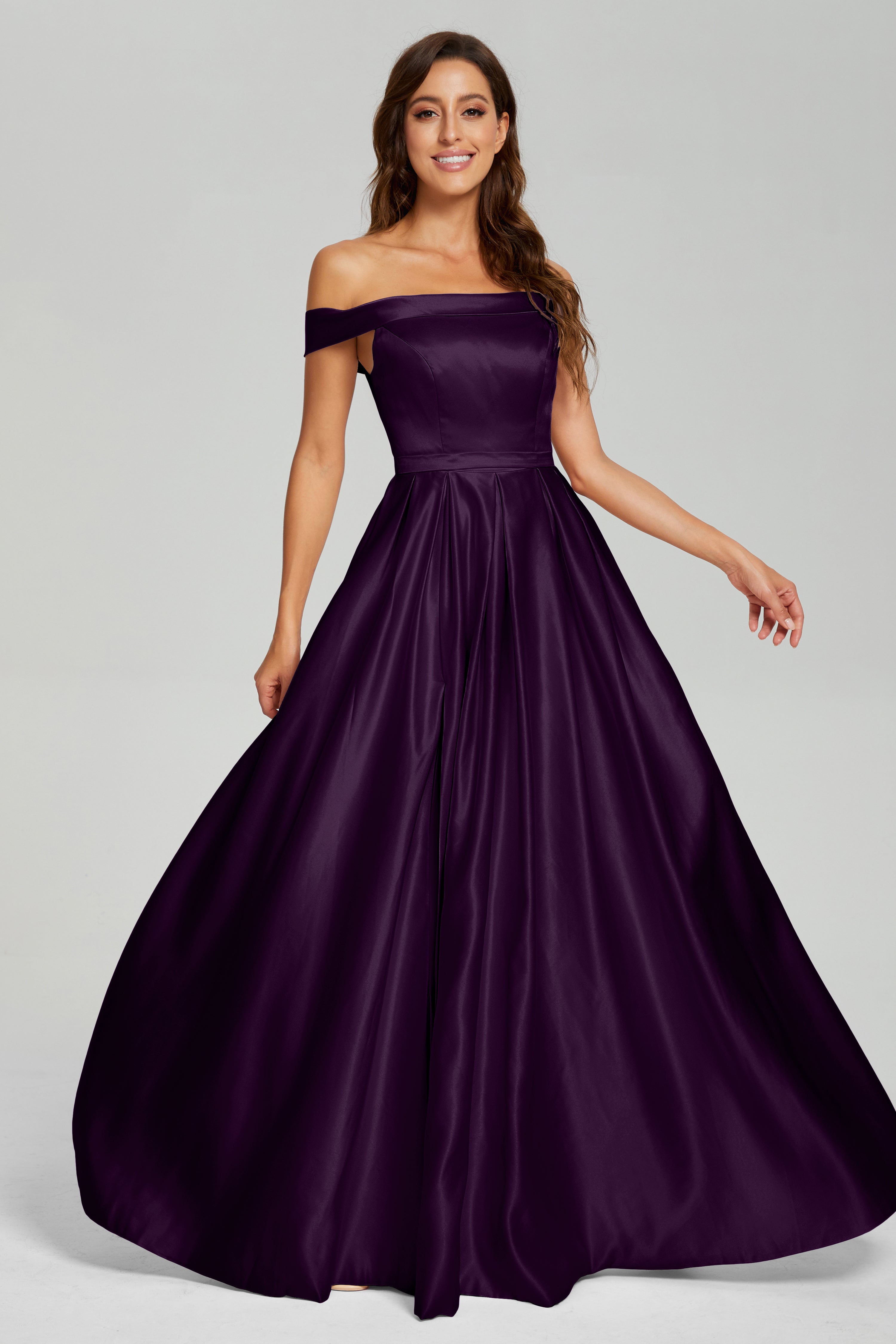 Split Off the Shoulder Satin Prom Dresses