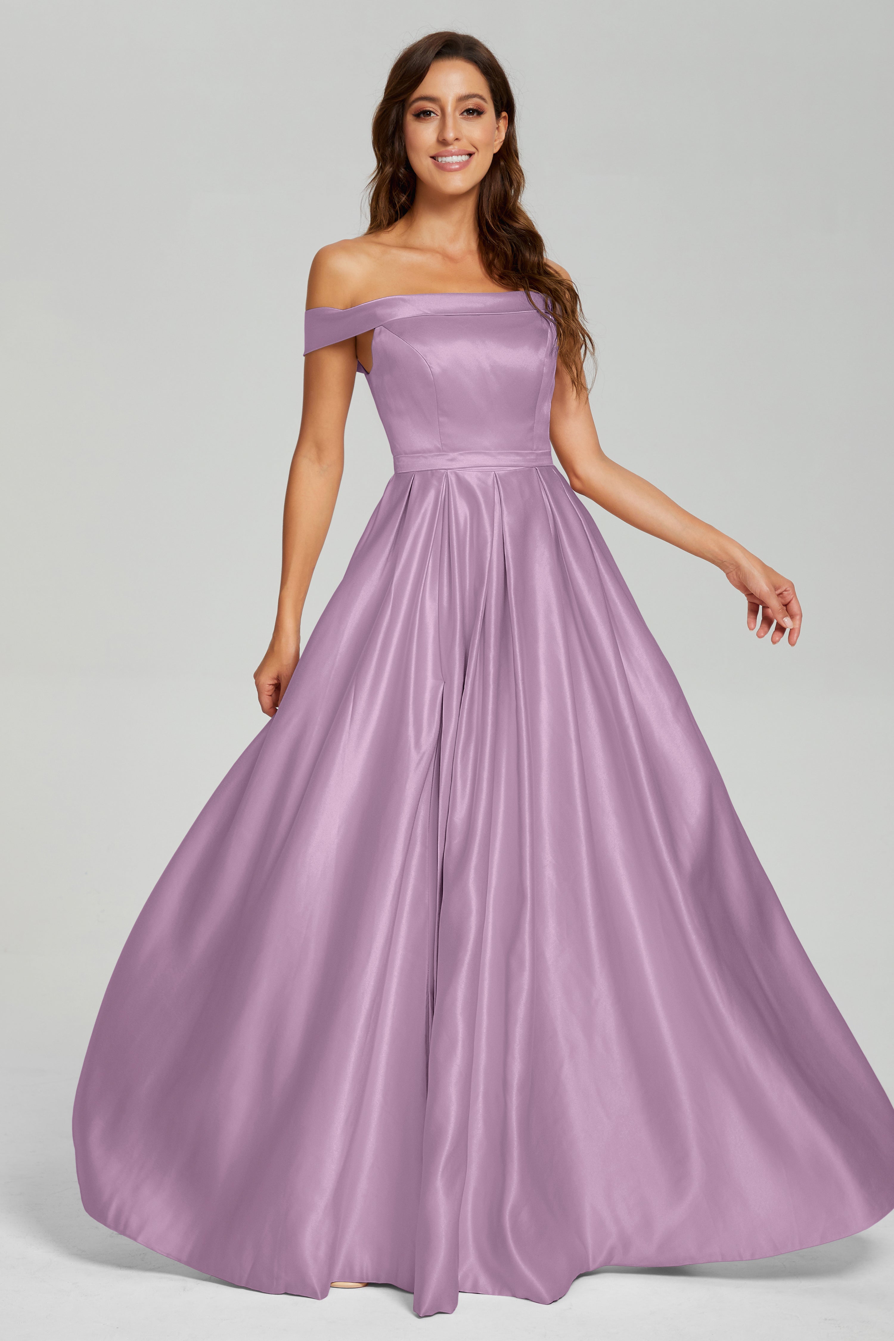 Split Off the Shoulder Satin Prom Dresses