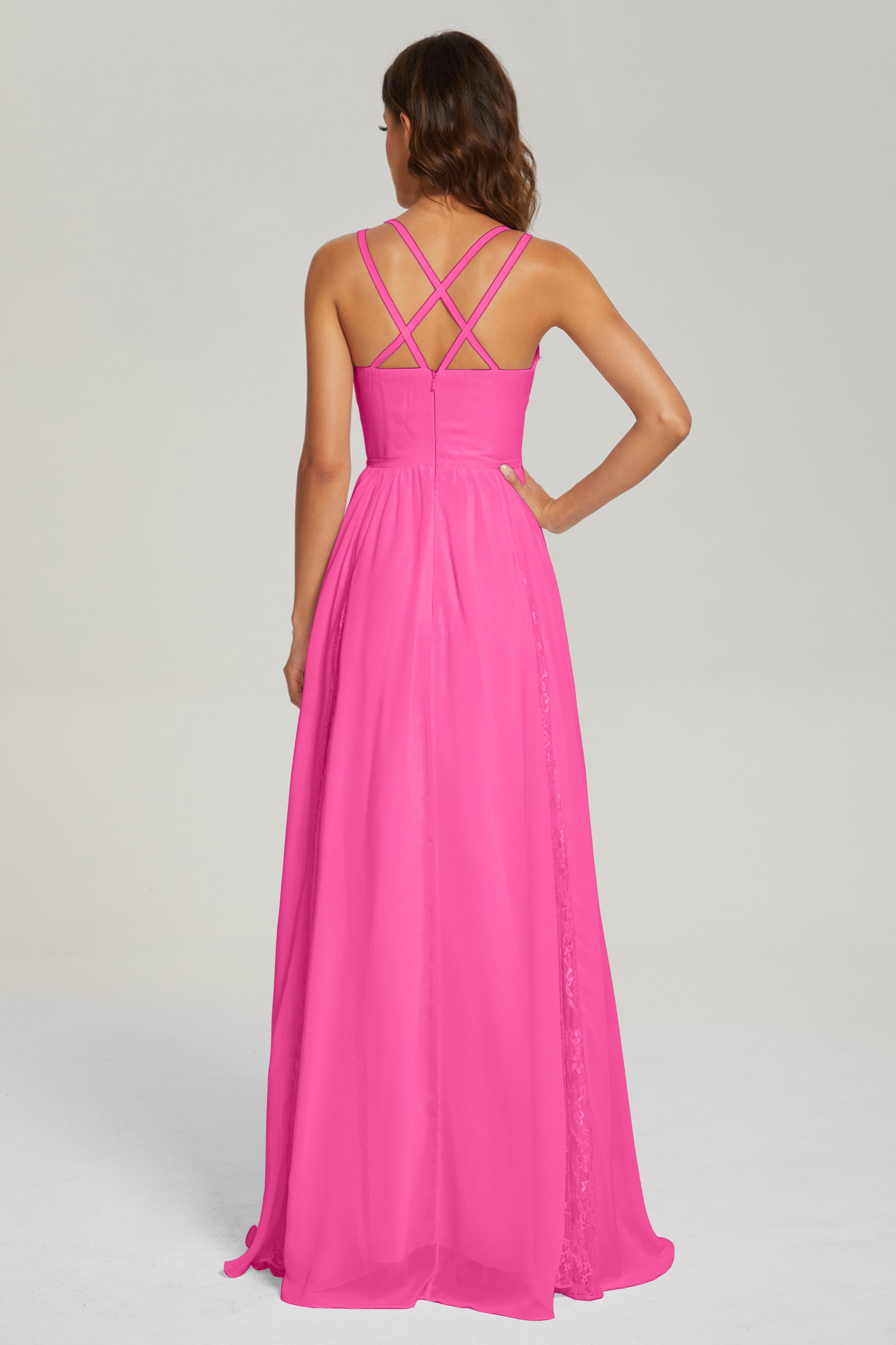 V-neck Criss Cross Long Chiffon Prom Dresses