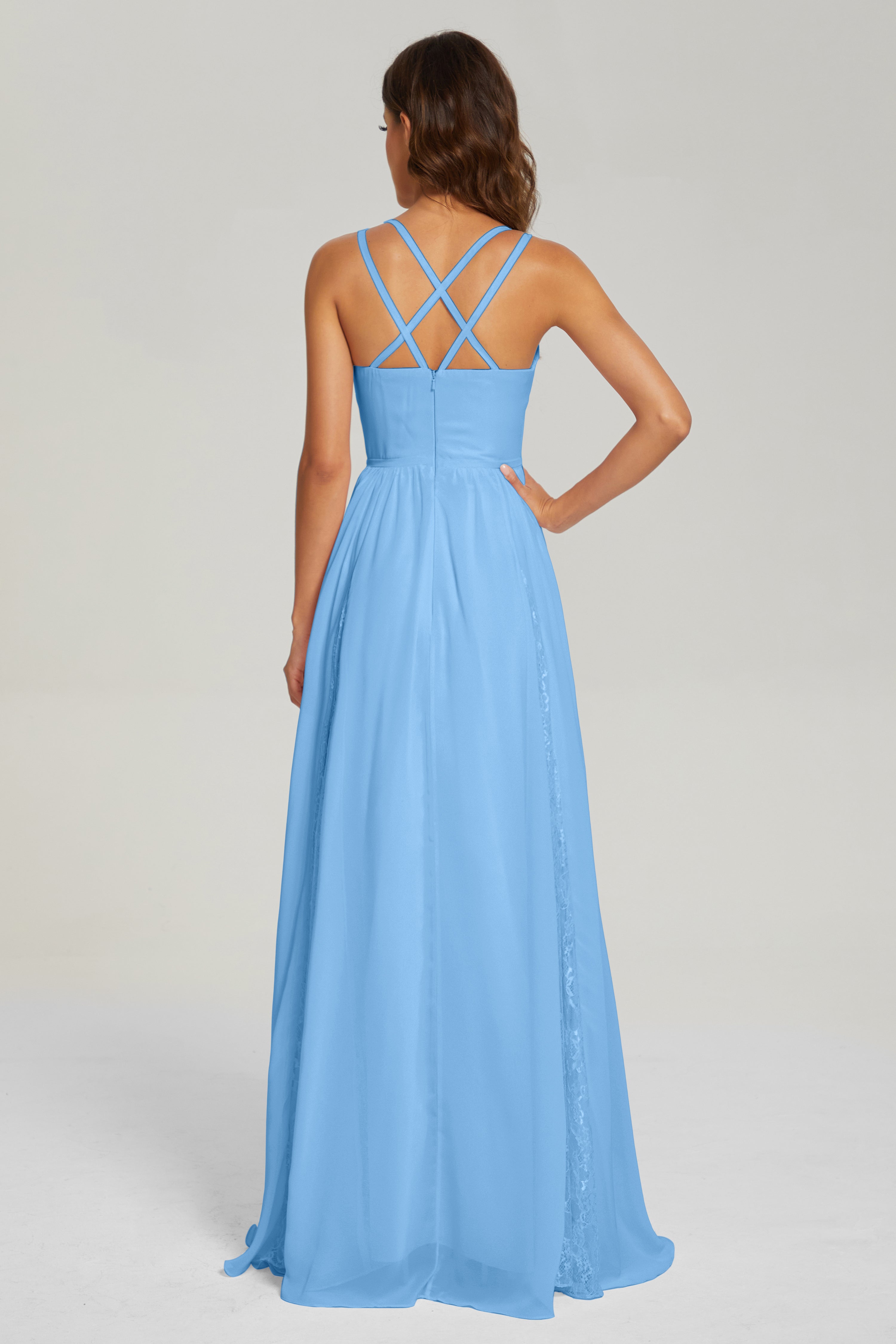 V-neck Criss Cross Long Chiffon Prom Dresses