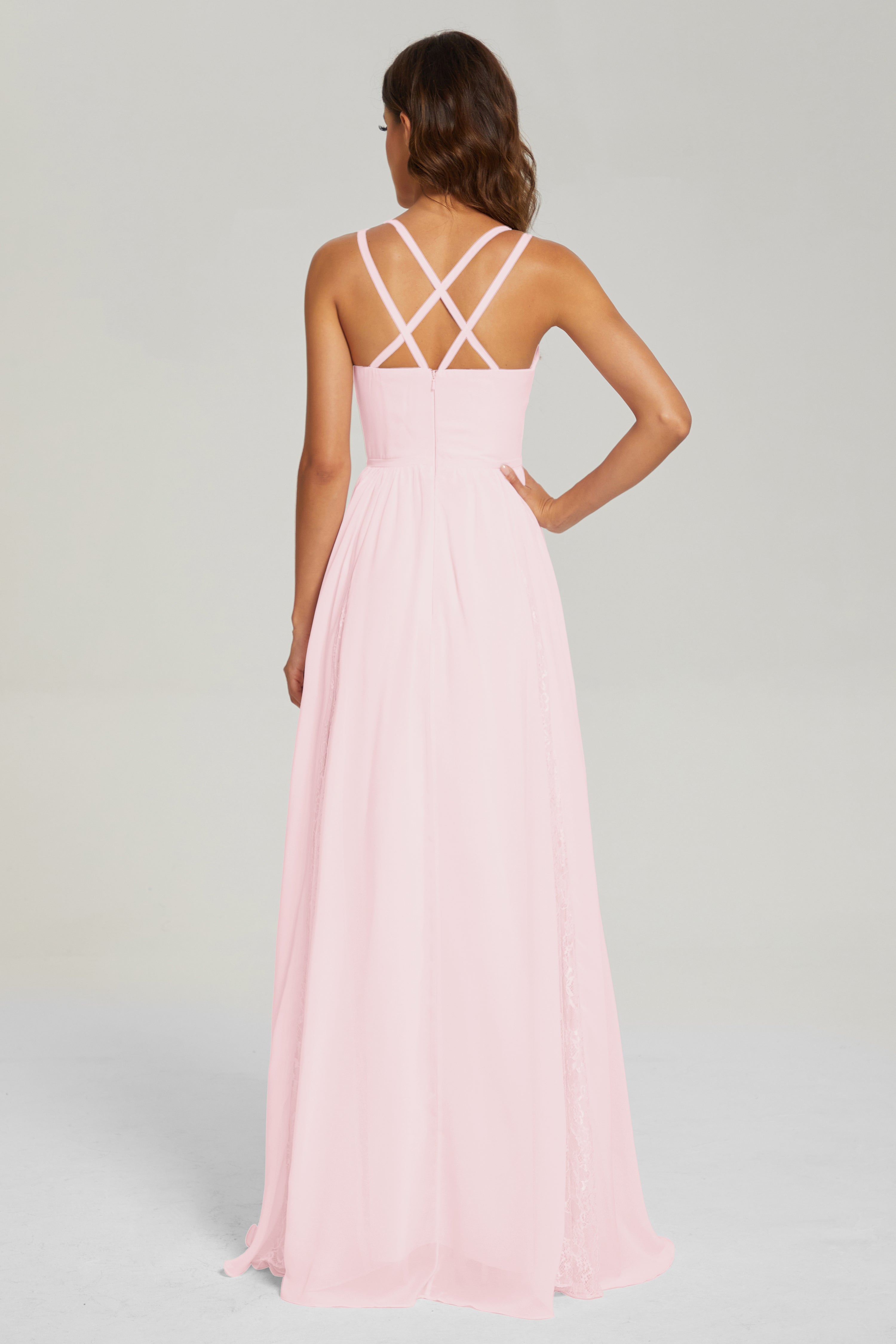 V-neck Criss Cross Long Chiffon Prom Dresses