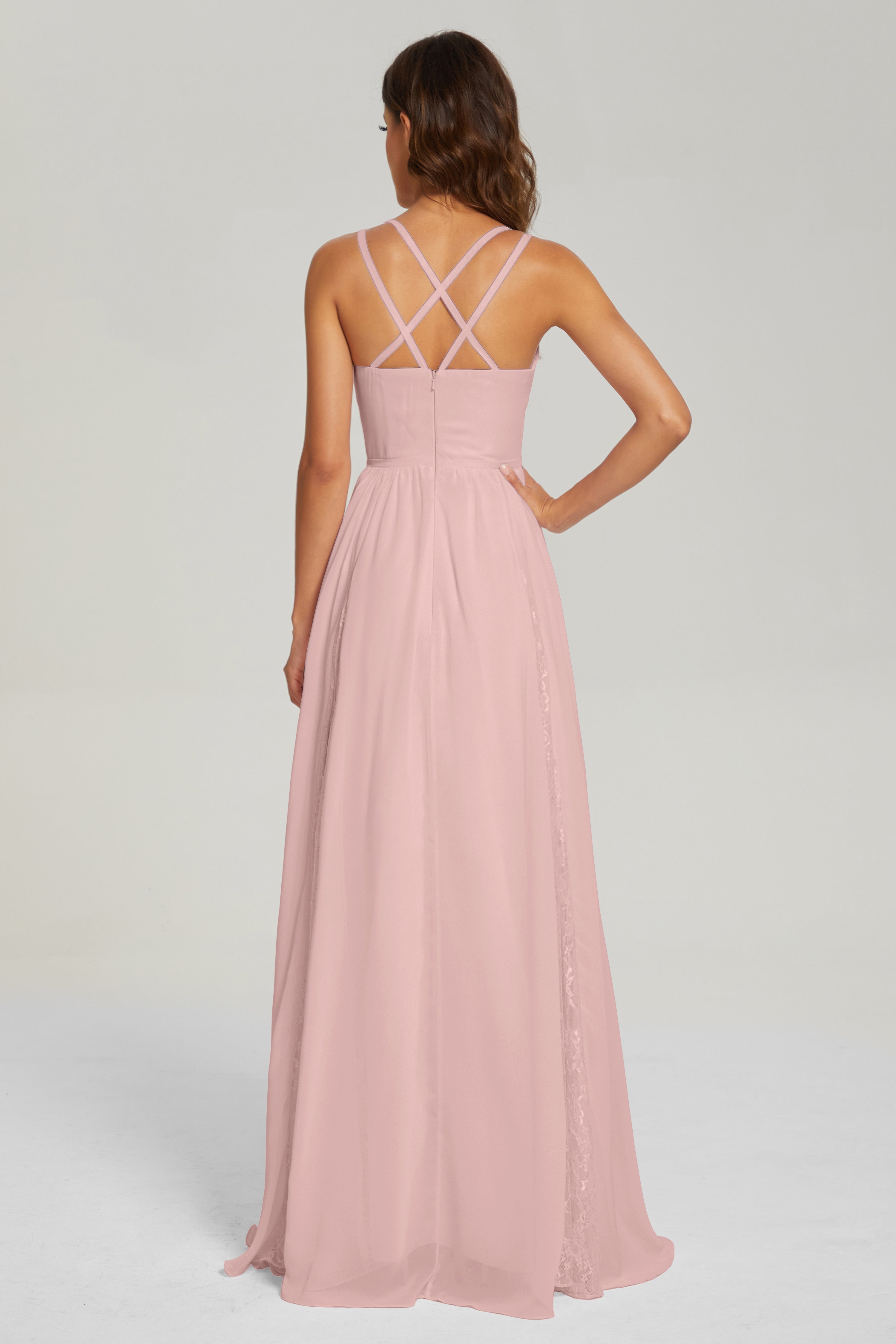 V-neck Criss Cross Long Chiffon Prom Dresses