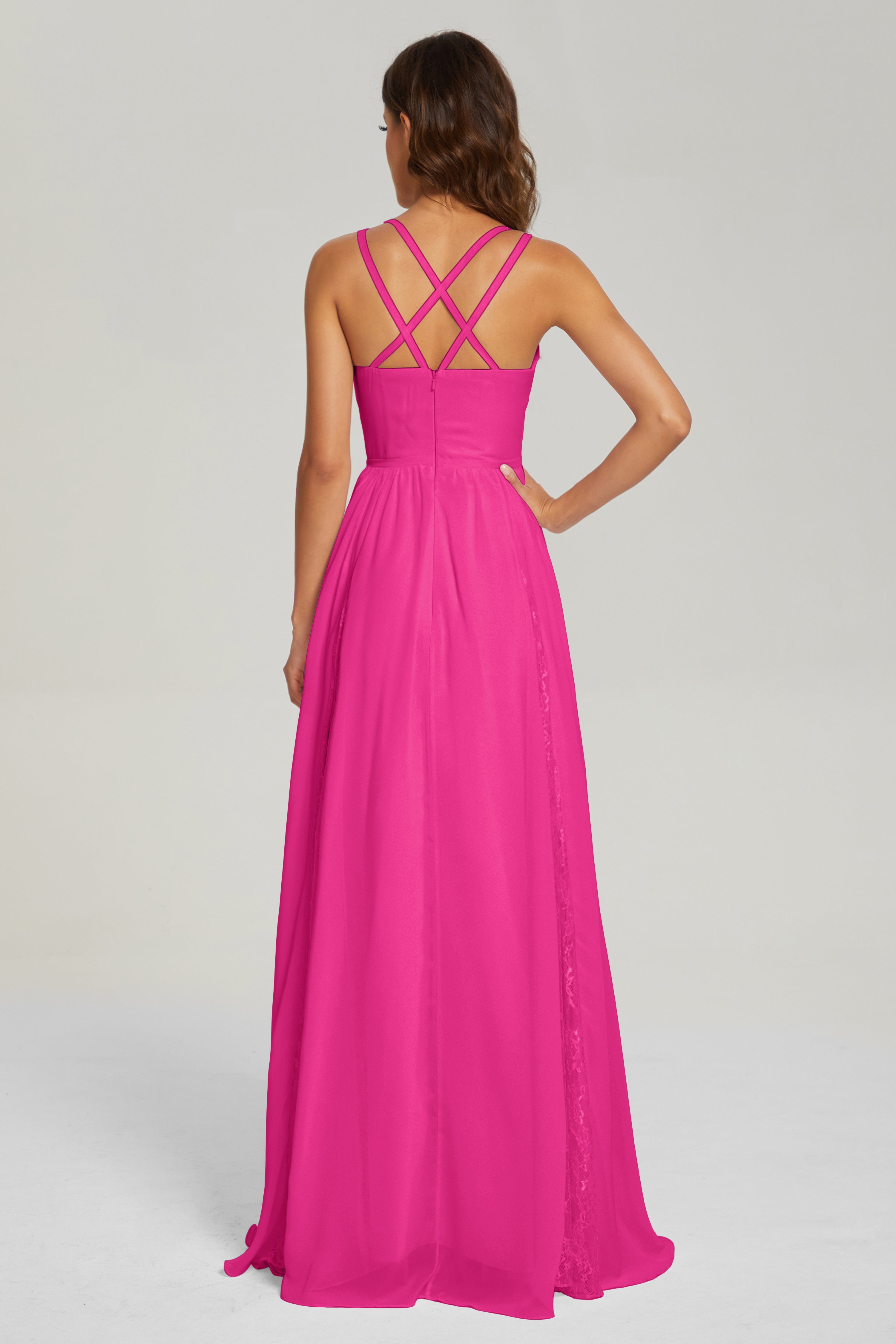 V-neck Criss Cross Long Chiffon Prom Dresses