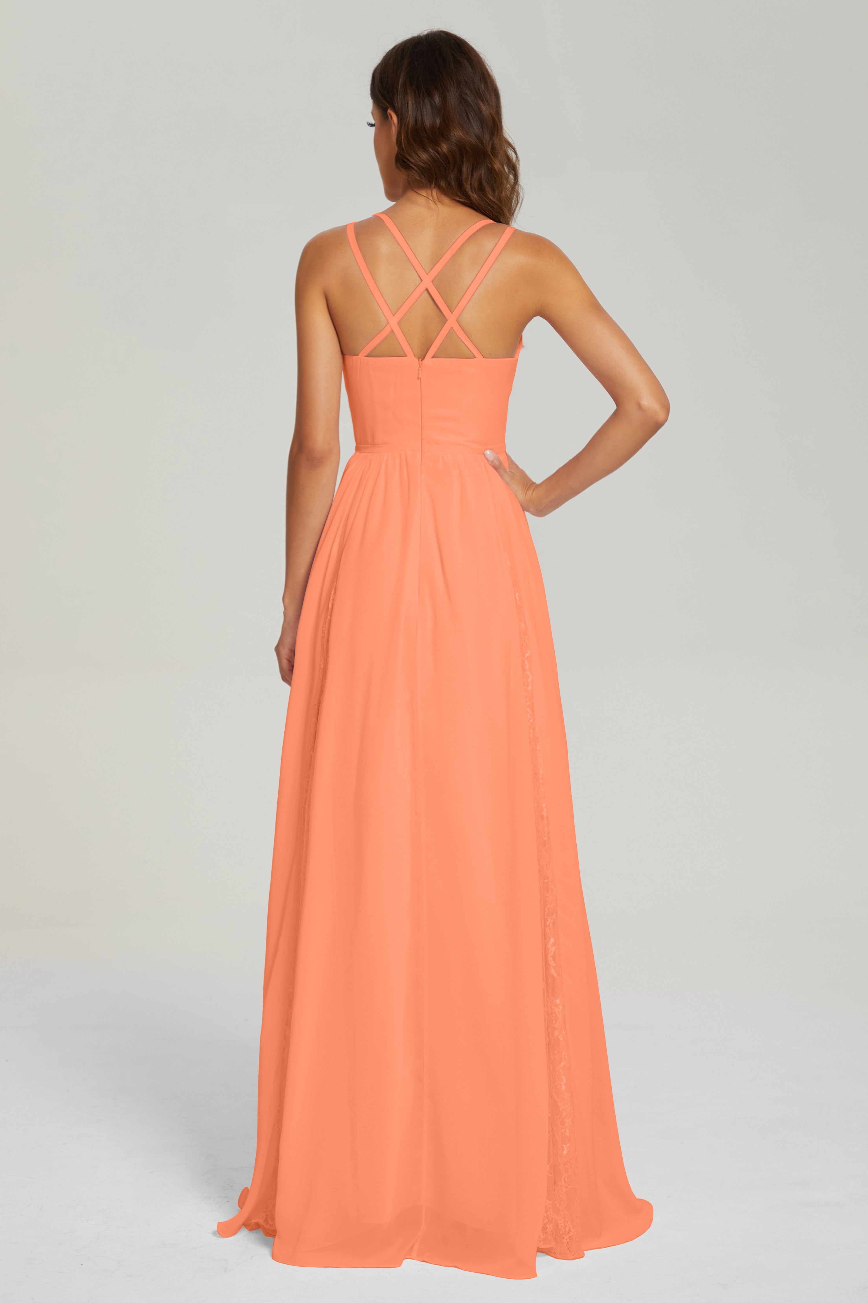 V-neck Criss Cross Long Chiffon Prom Dresses