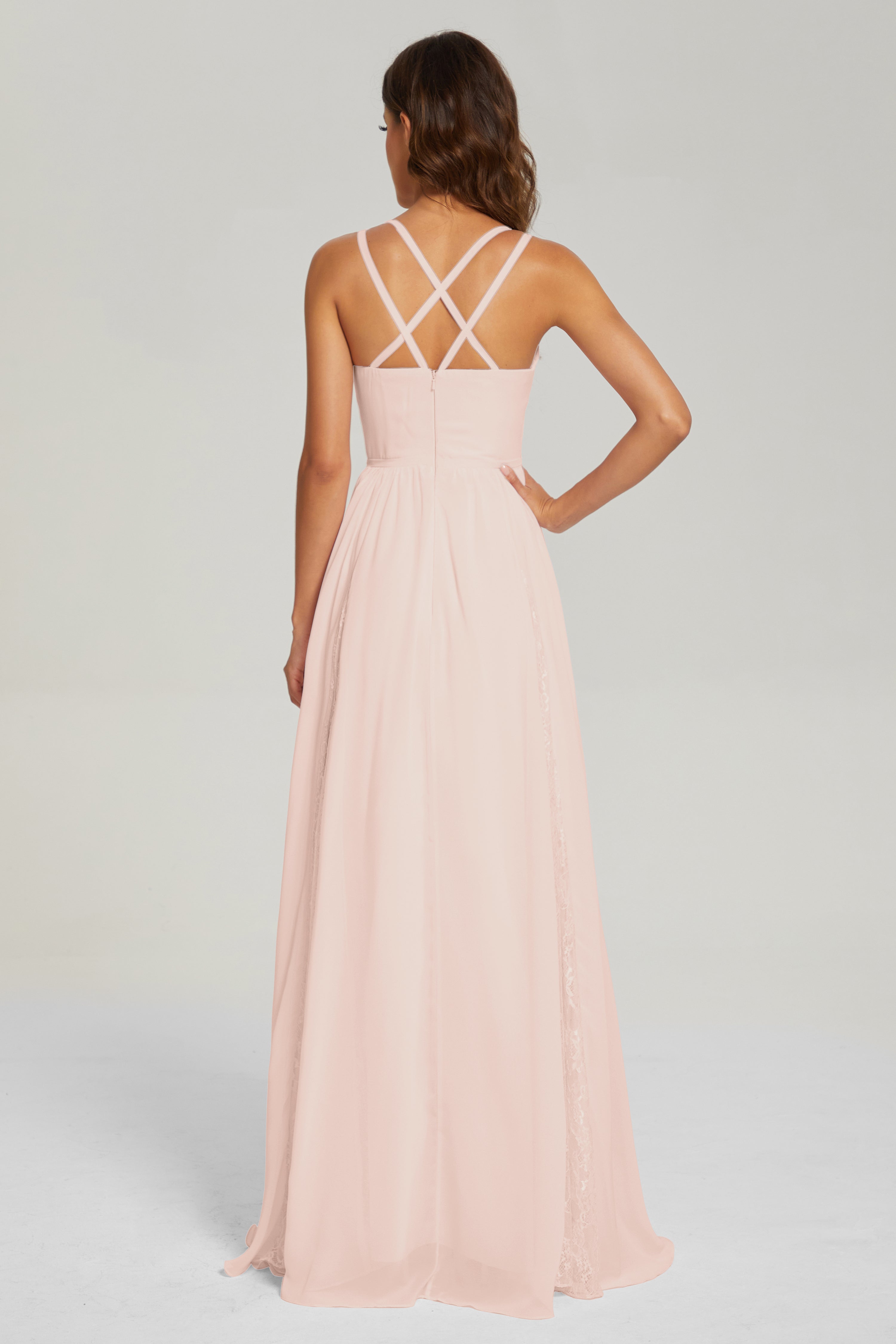 V-neck Criss Cross Long Chiffon Prom Dresses