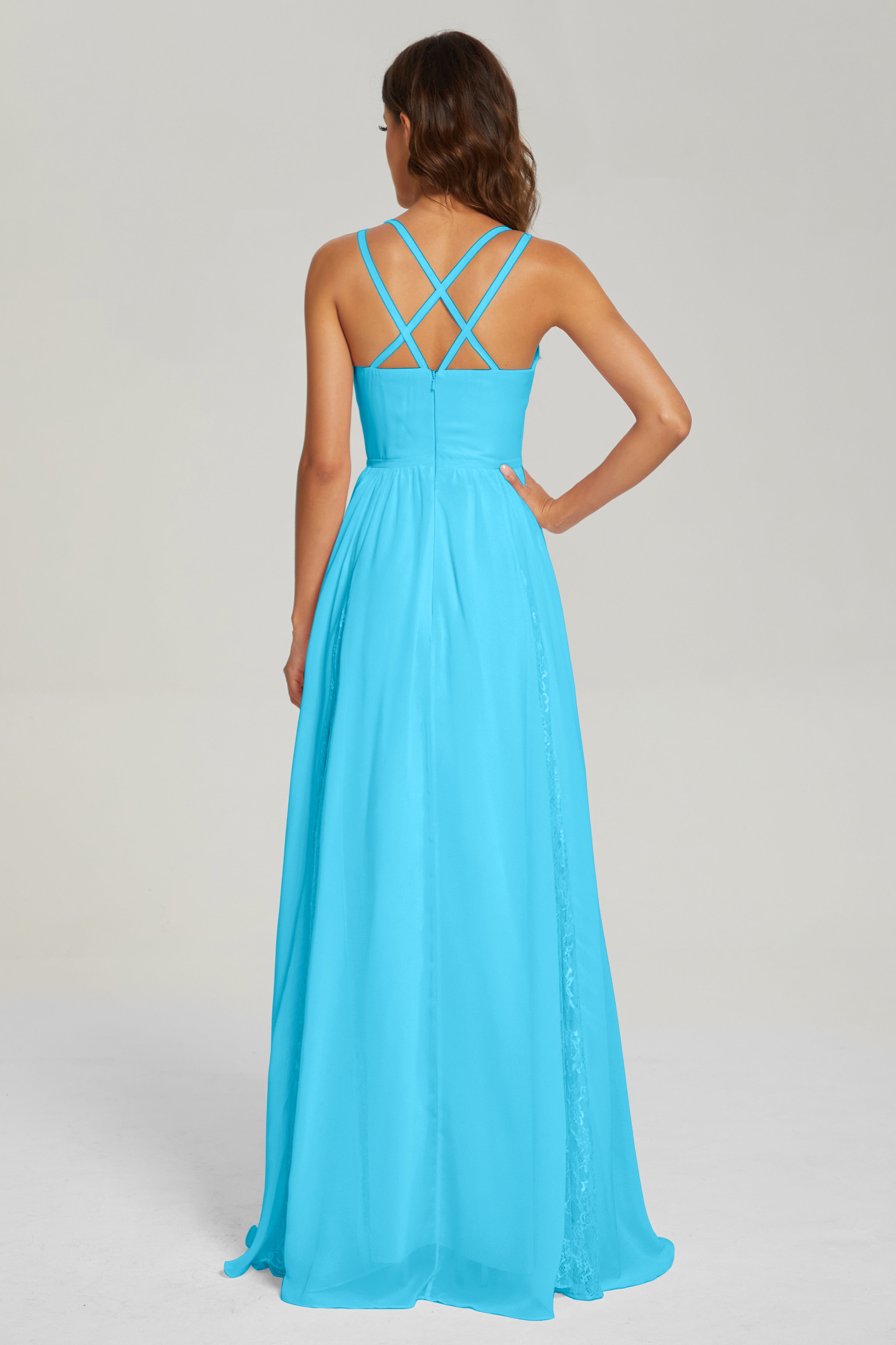 V-neck Criss Cross Long Chiffon Prom Dresses