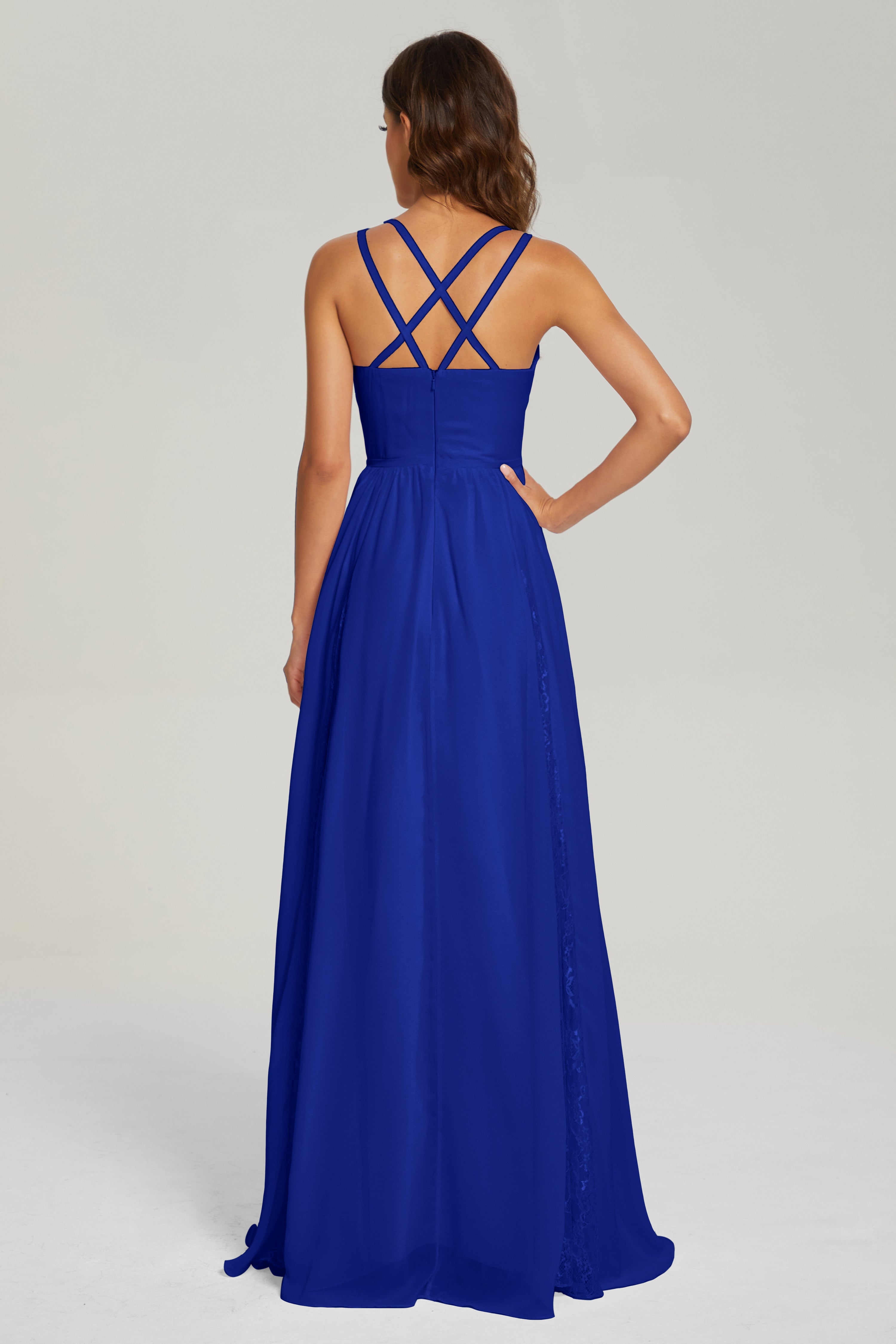 V-neck Criss Cross Long Chiffon Prom Dresses