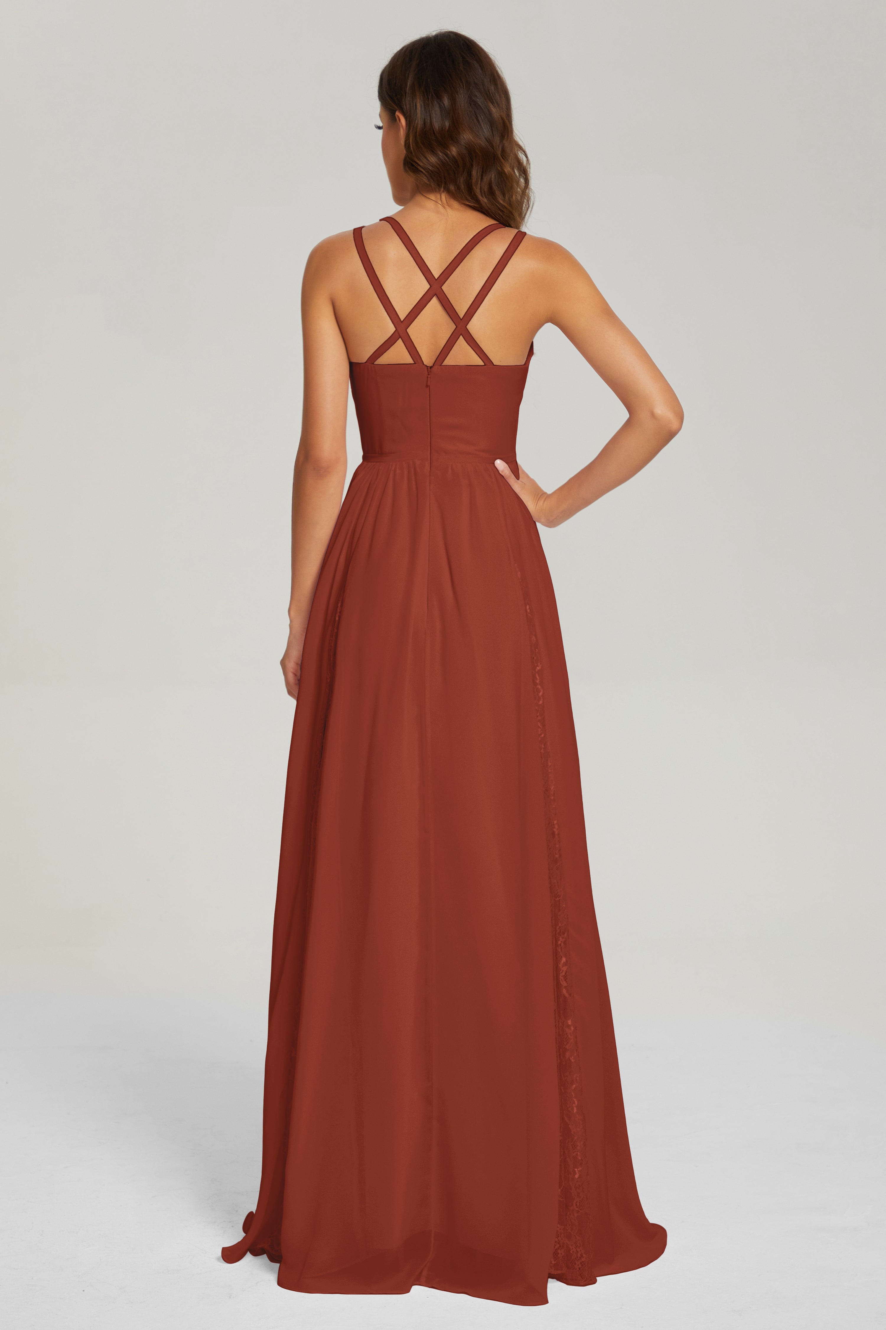 V-neck Criss Cross Long Chiffon Prom Dresses