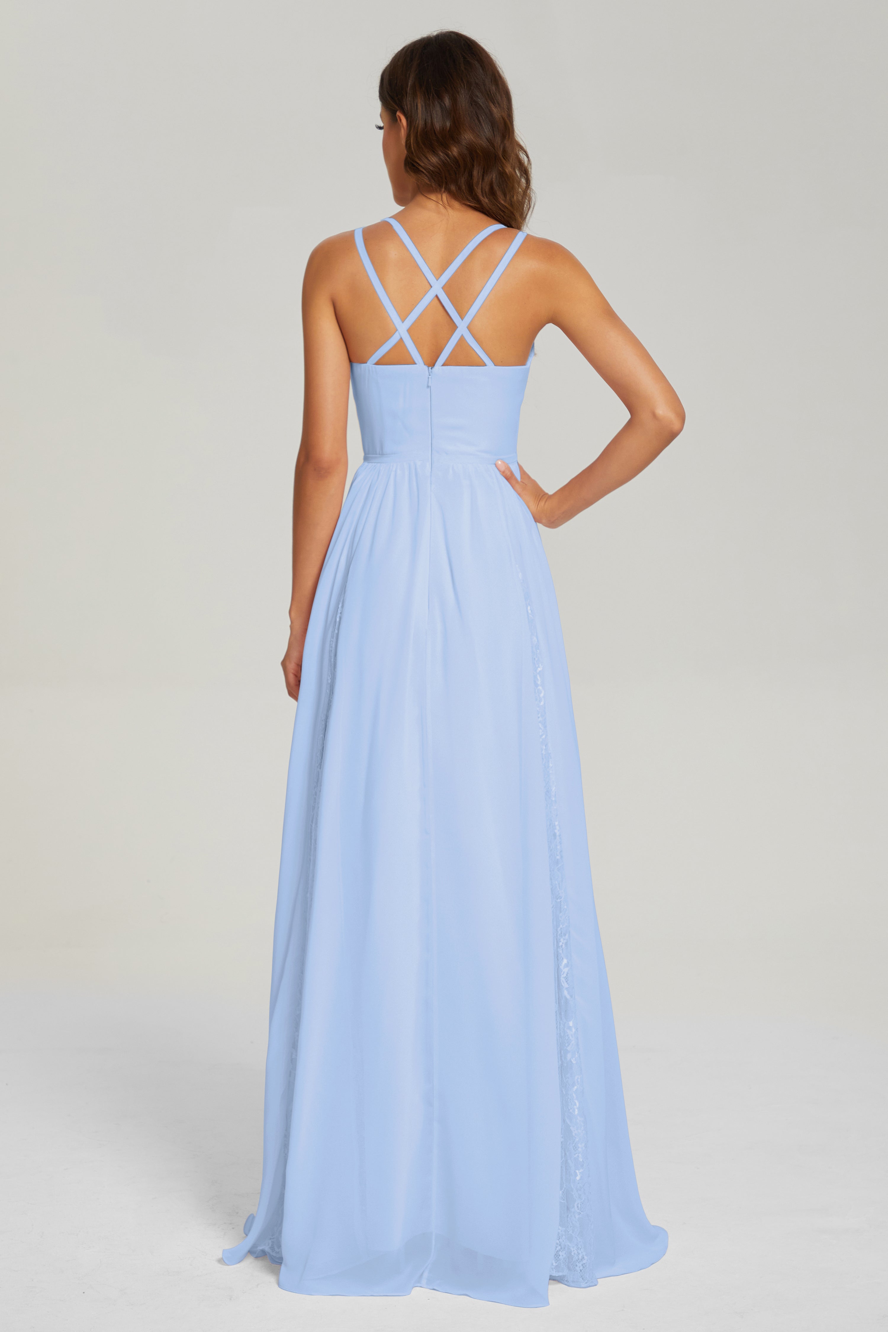 V-neck Criss Cross Long Chiffon Prom Dresses