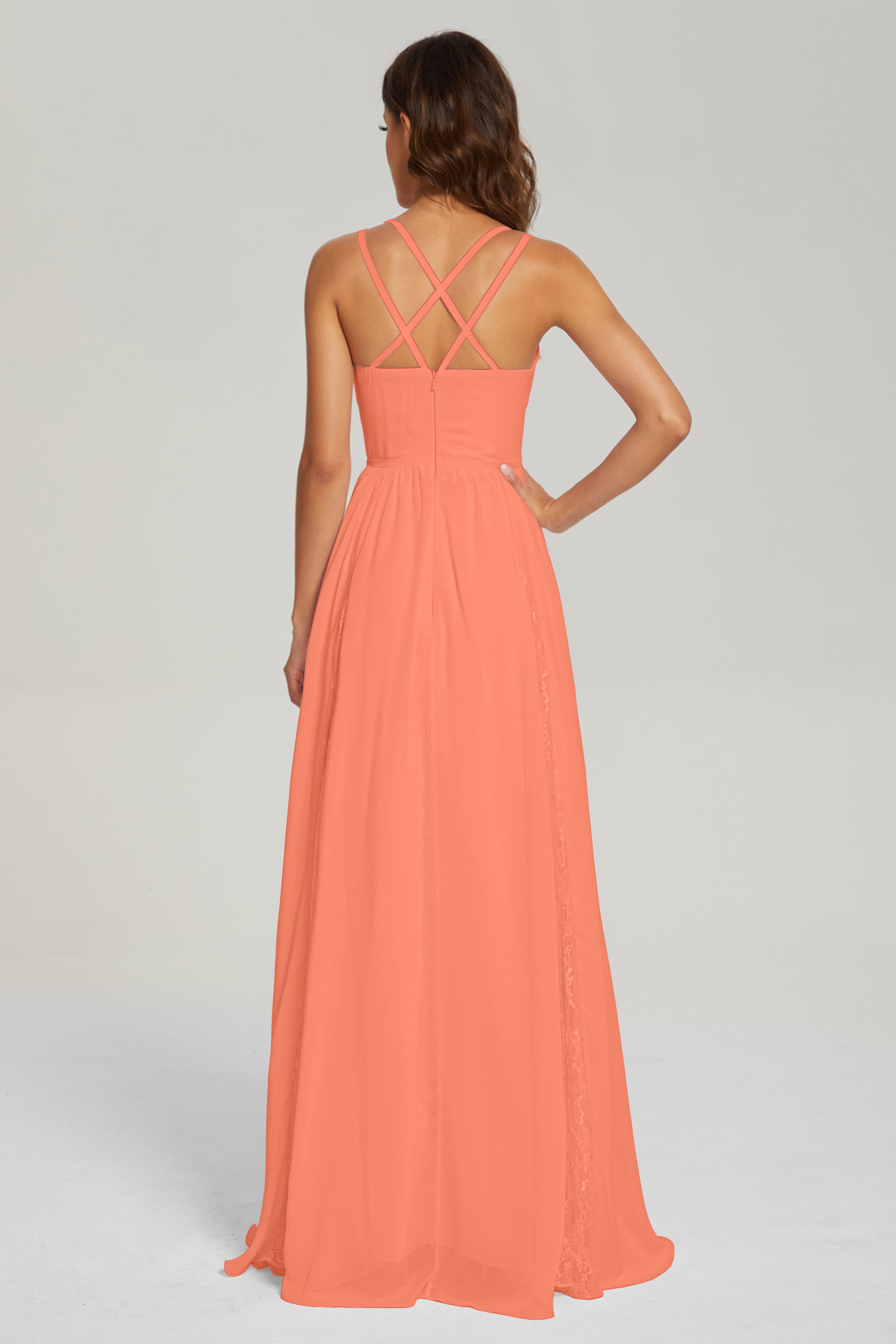 V-neck Criss Cross Long Chiffon Prom Dresses