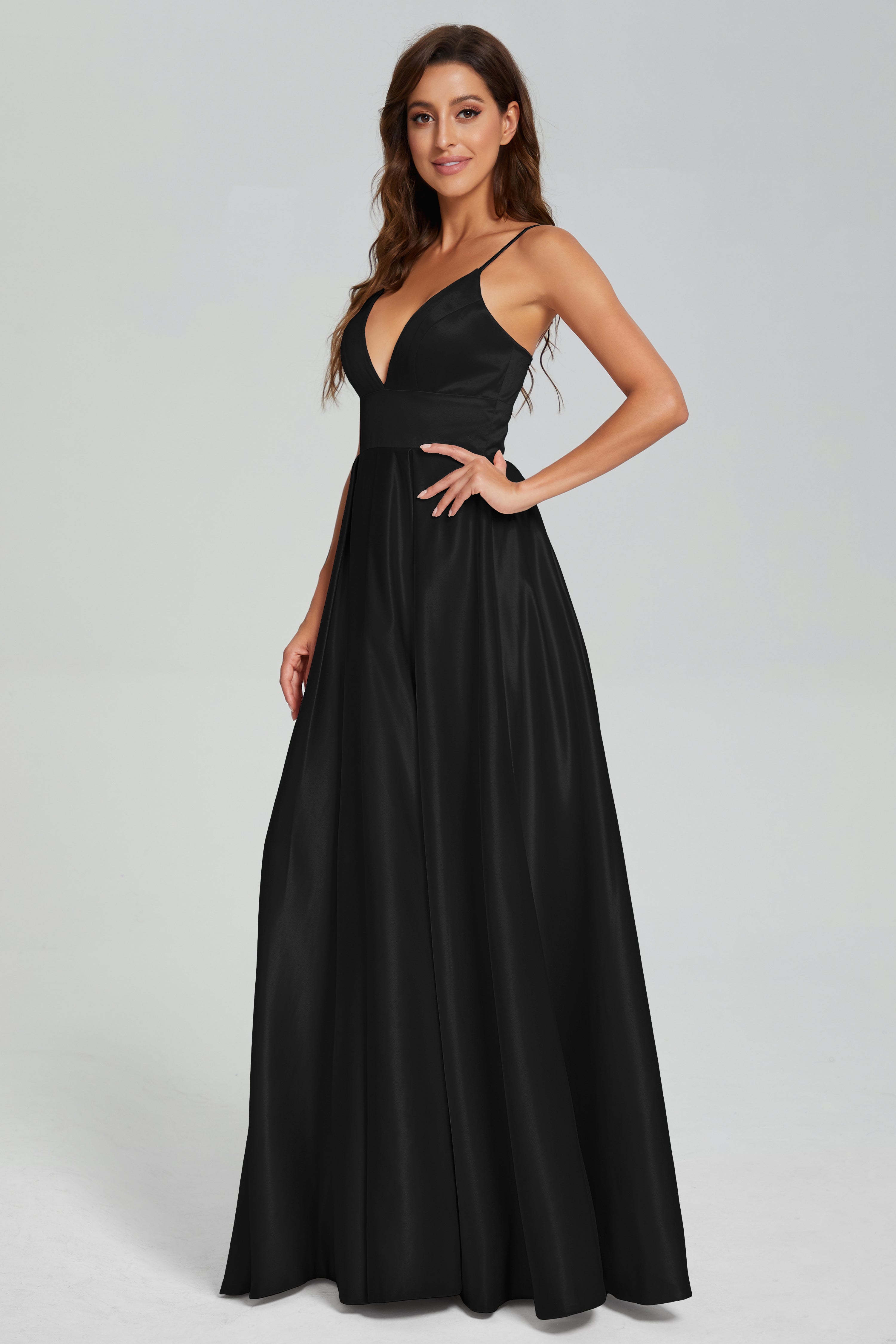 V-neck Spaghetti Straps Satin Prom Dresses