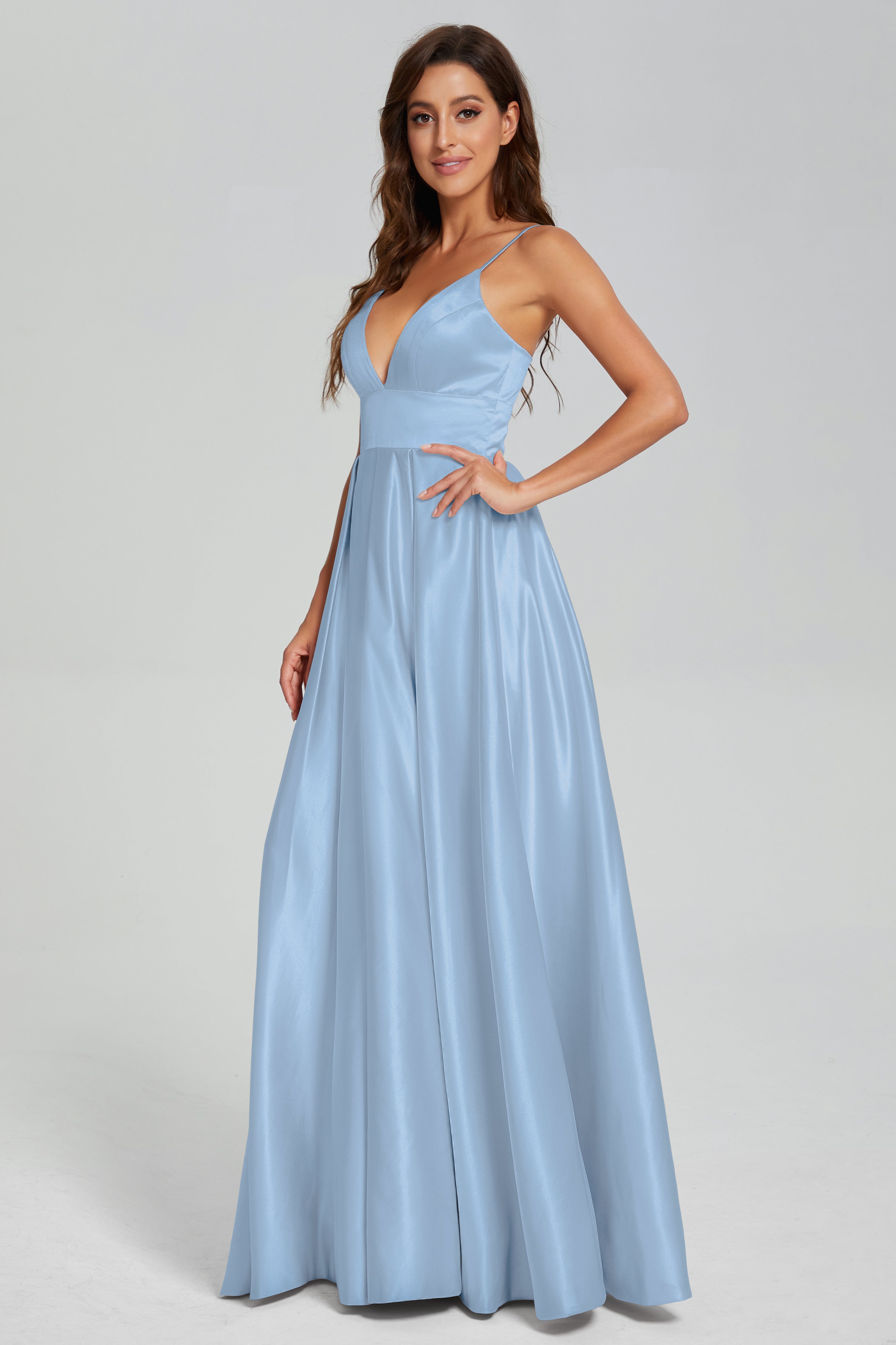 V-neck Spaghetti Straps Satin Prom Dresses