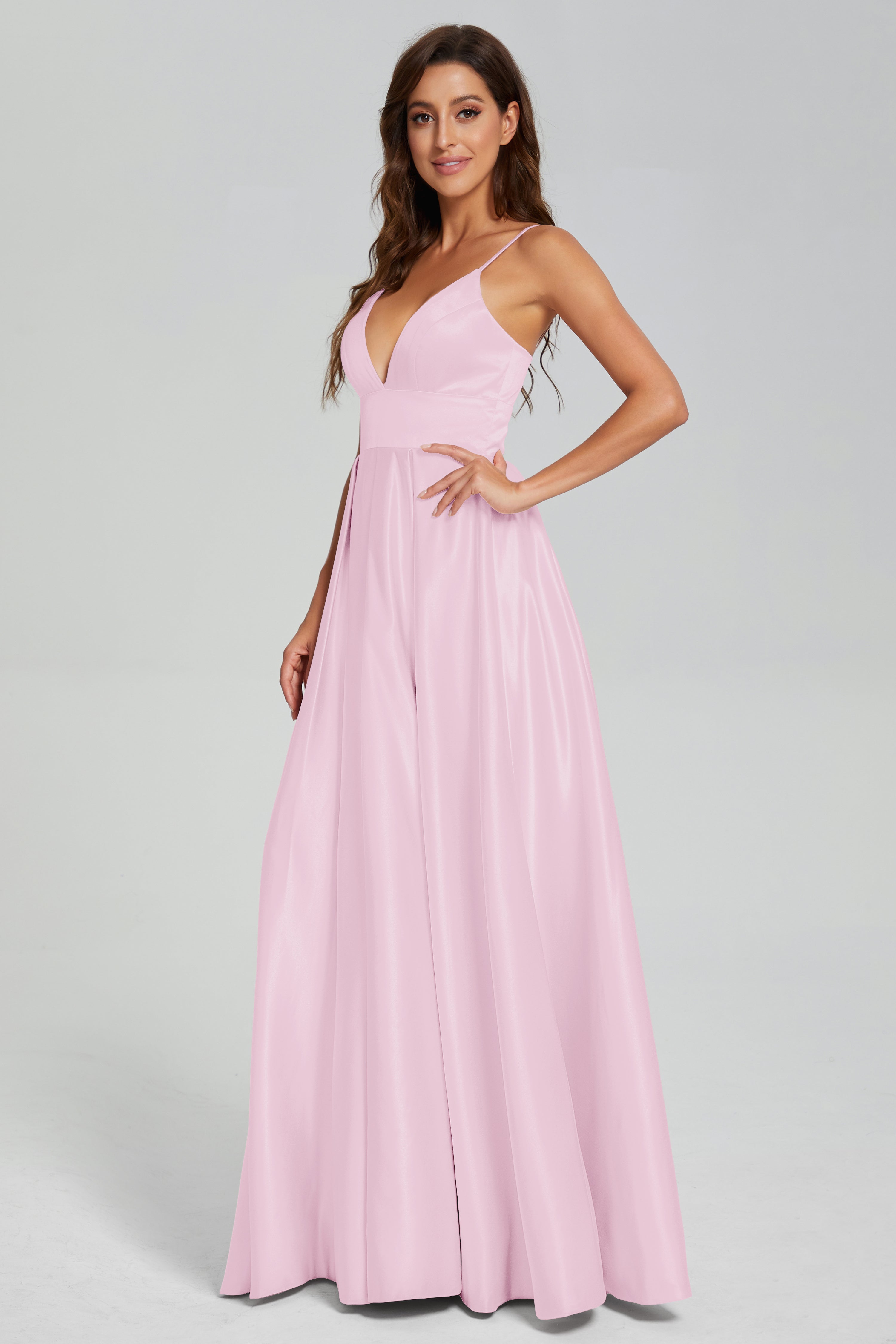 V-neck Spaghetti Straps Satin Prom Dresses