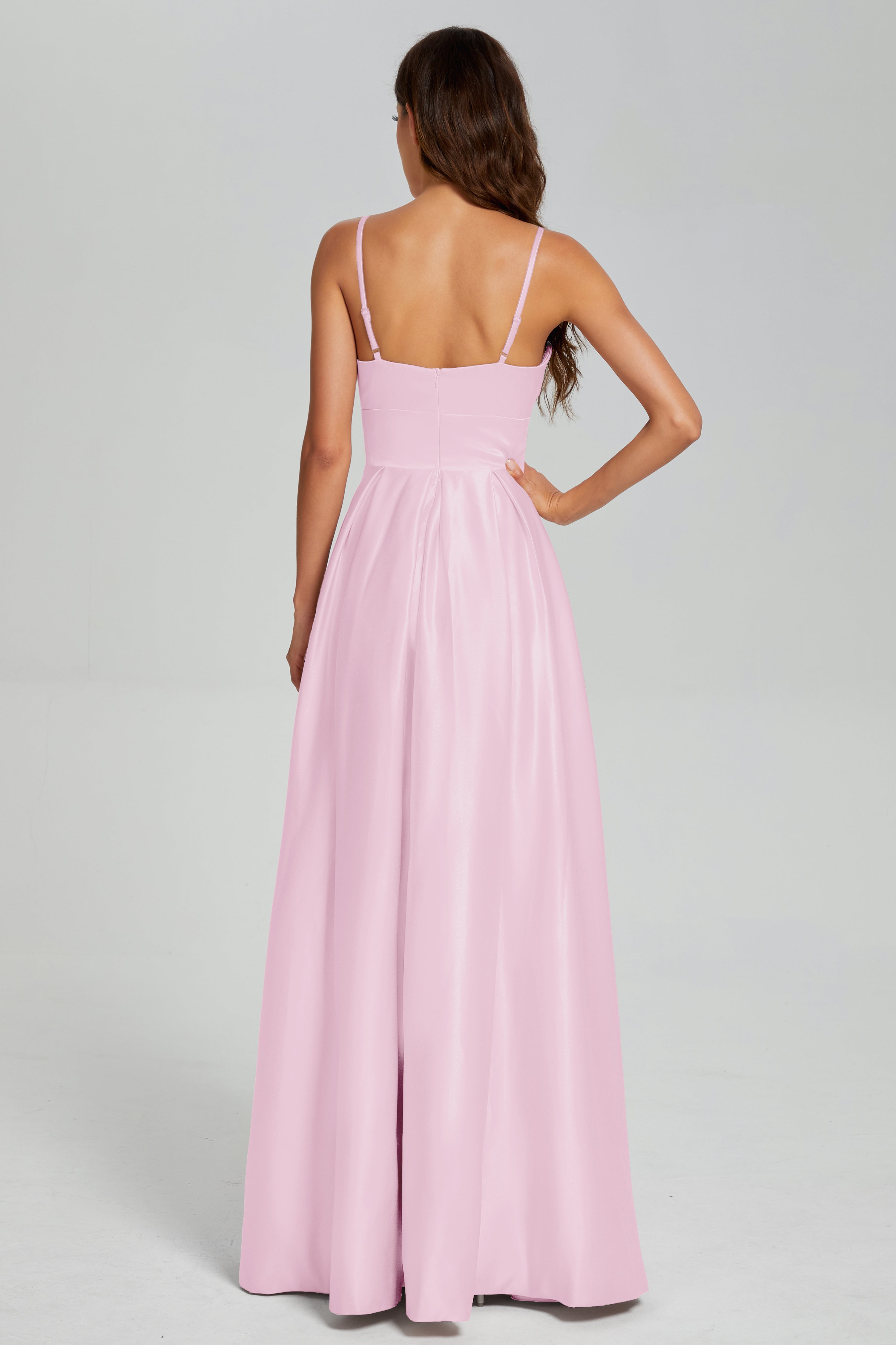 V-neck Spaghetti Straps Satin Prom Dresses