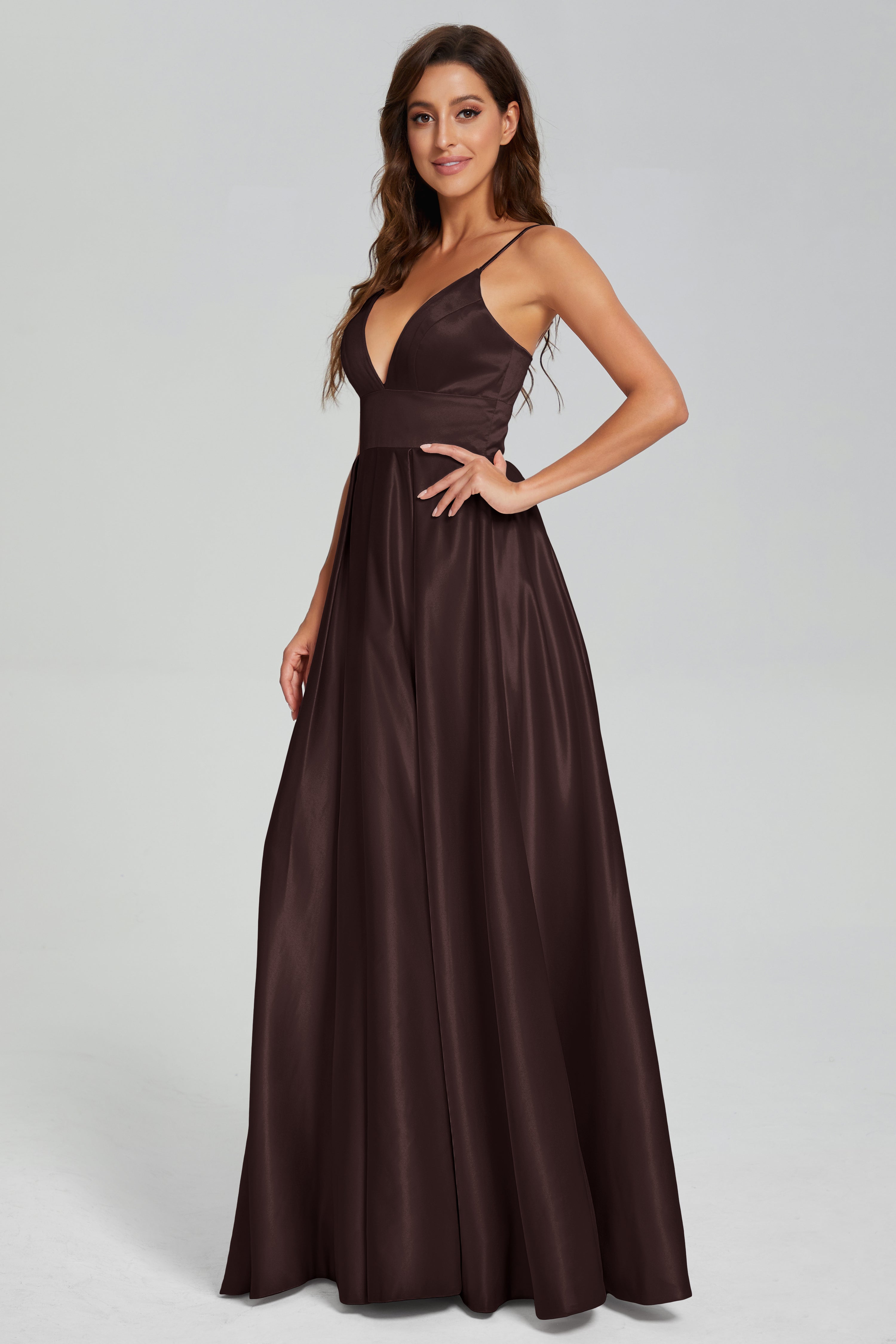 V-neck Spaghetti Straps Satin Prom Dresses