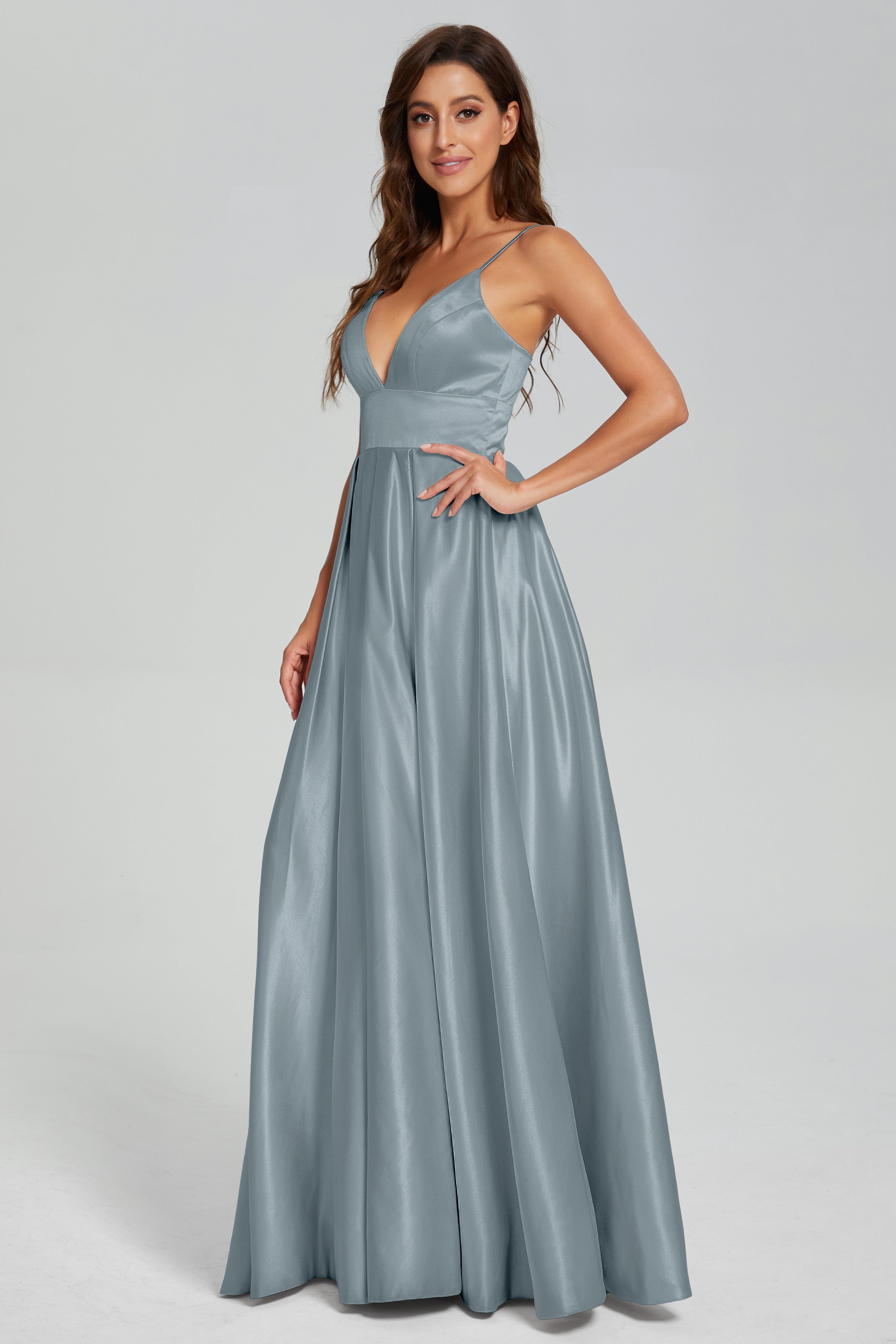 V-neck Spaghetti Straps Satin Prom Dresses