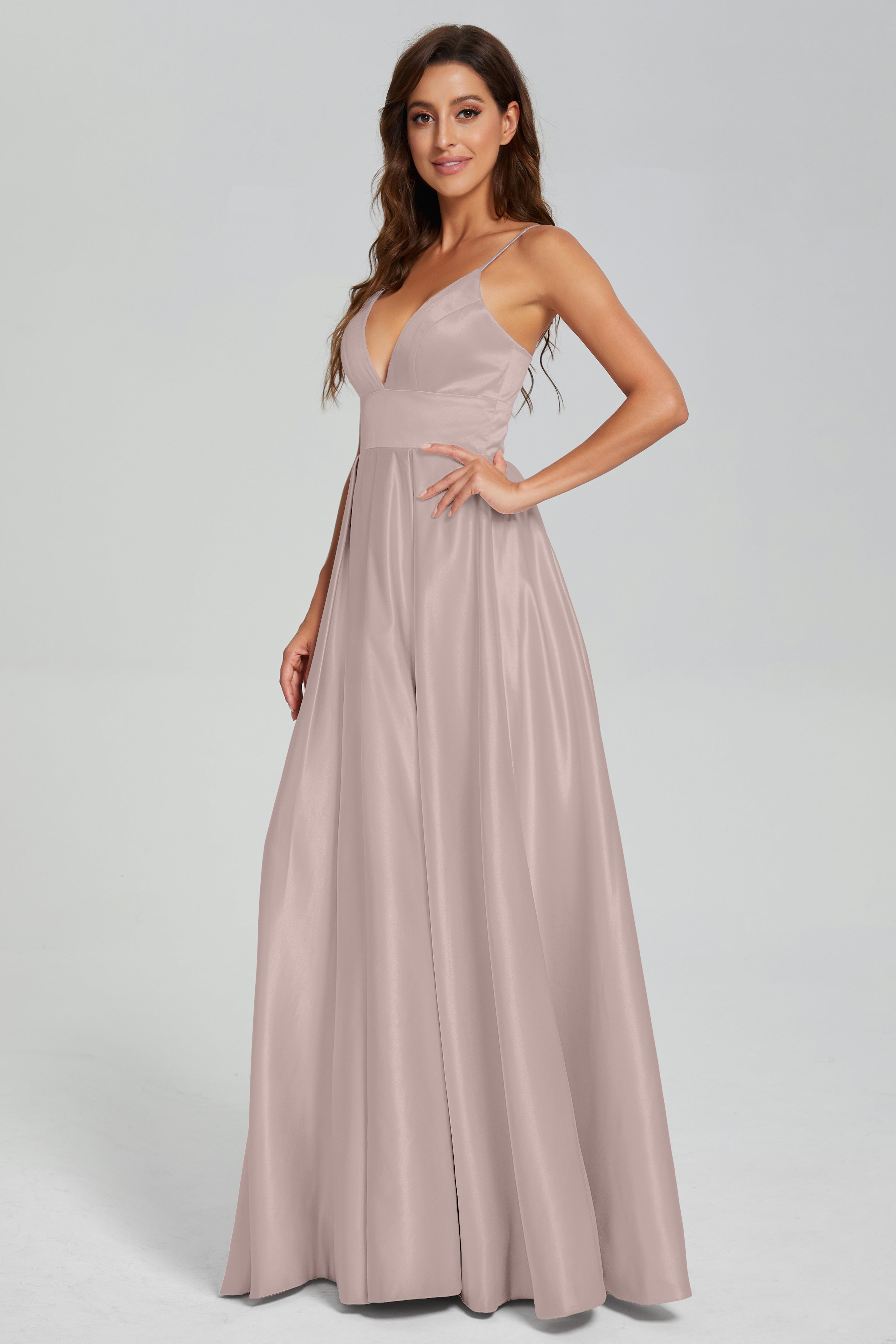 V-neck Spaghetti Straps Satin Prom Dresses