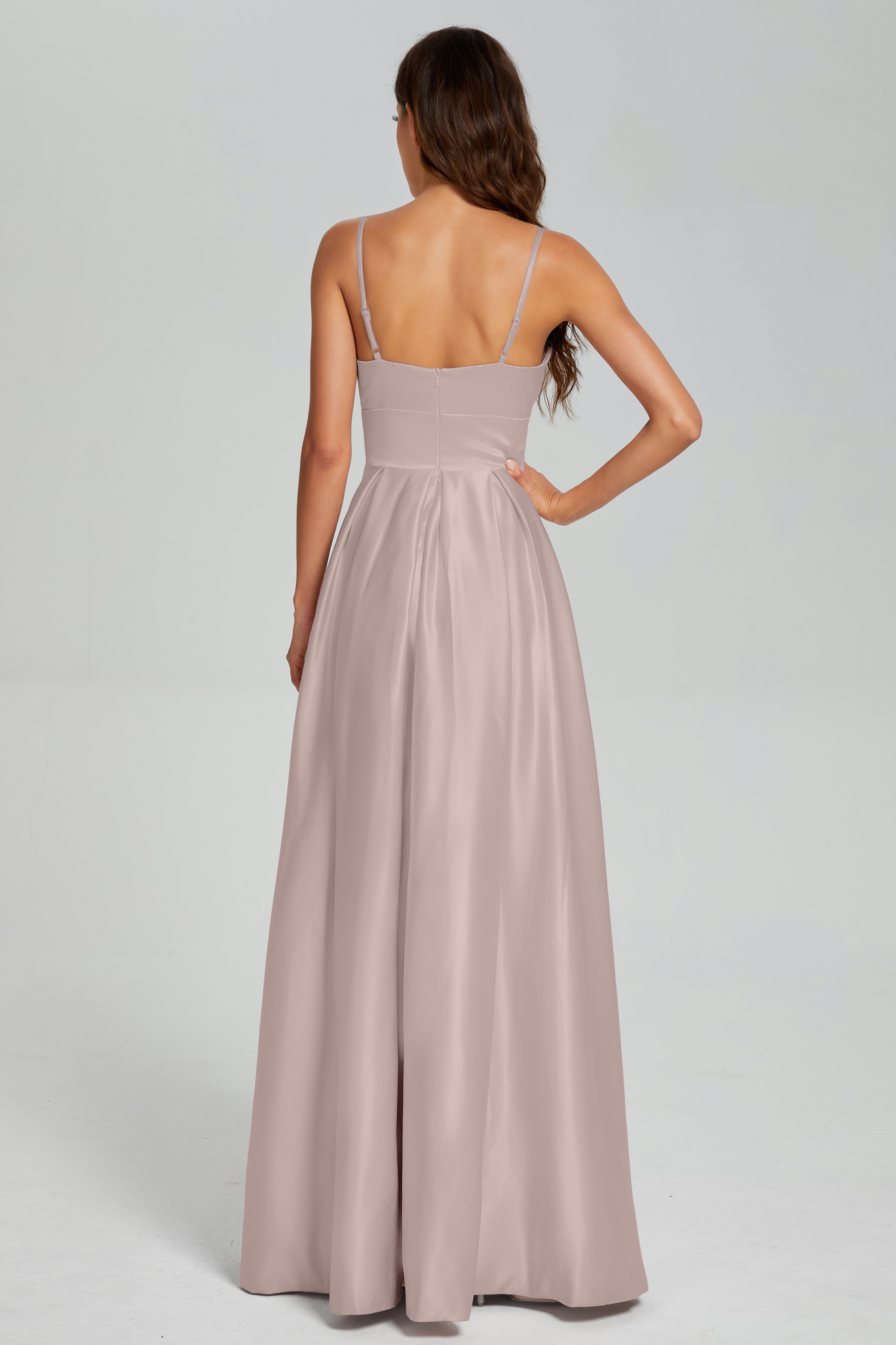 V-neck Spaghetti Straps Satin Prom Dresses