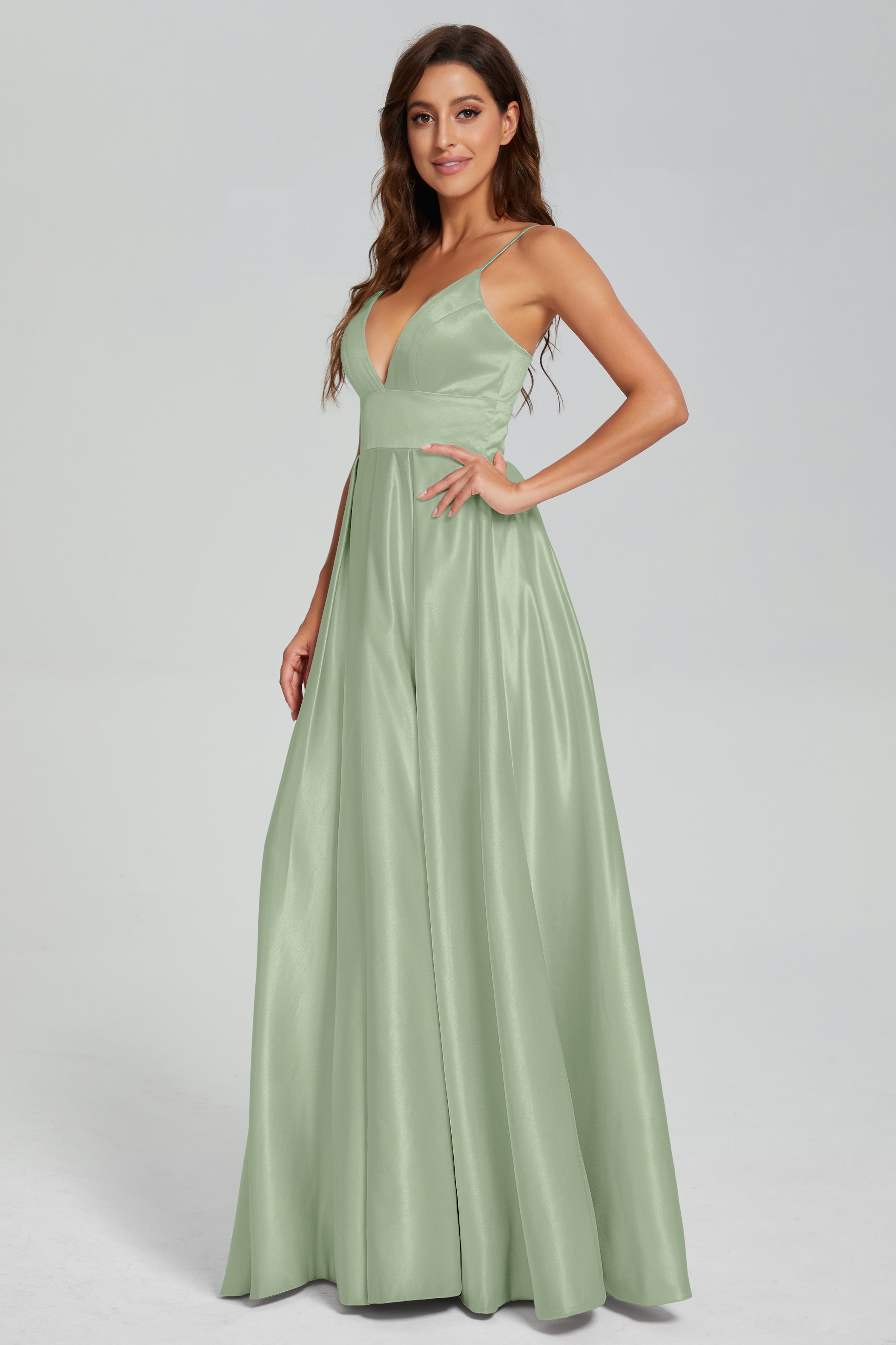 V-neck Spaghetti Straps Satin Prom Dresses