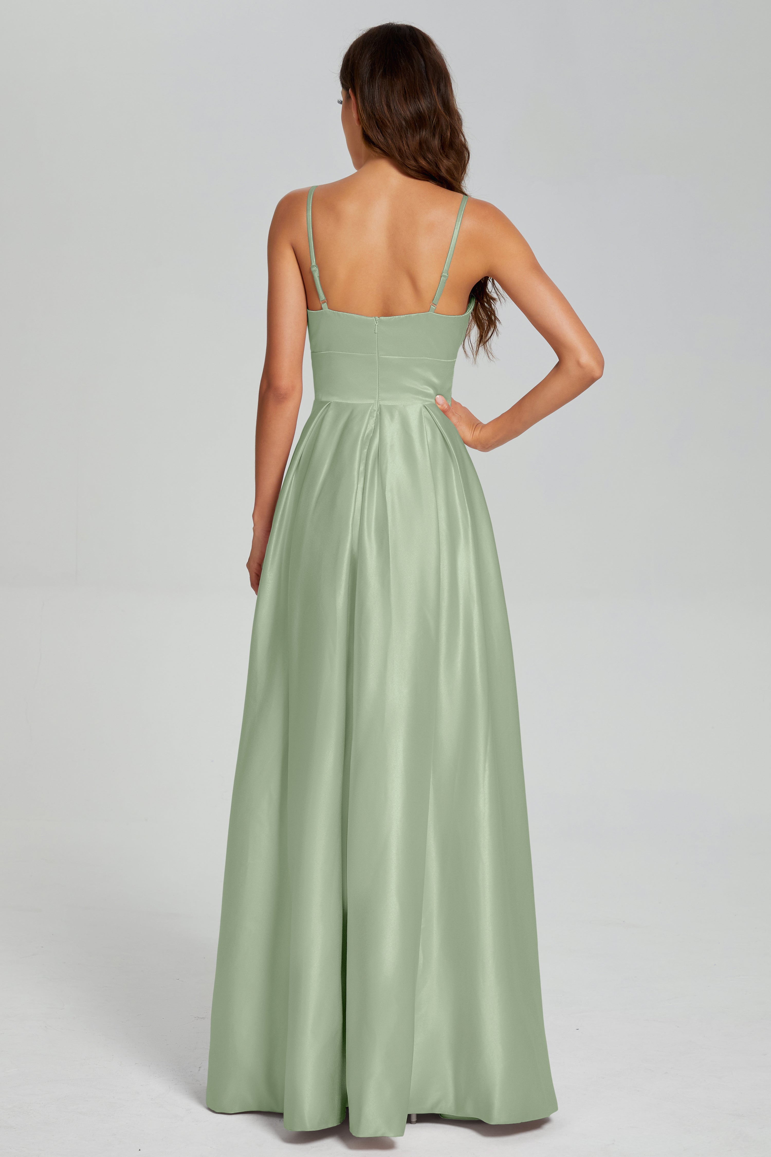 V-neck Spaghetti Straps Satin Prom Dresses