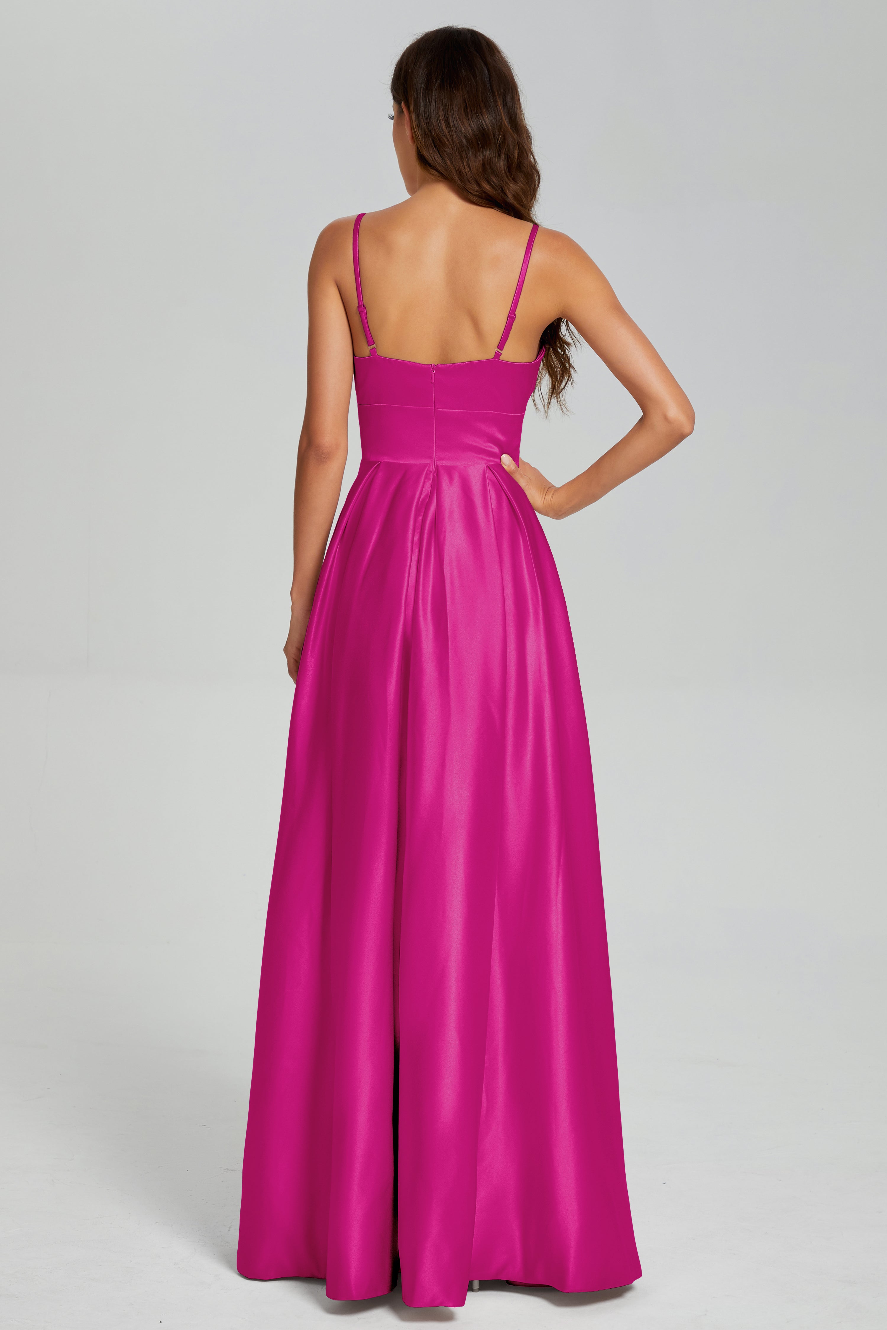 V-neck Spaghetti Straps Satin Prom Dresses