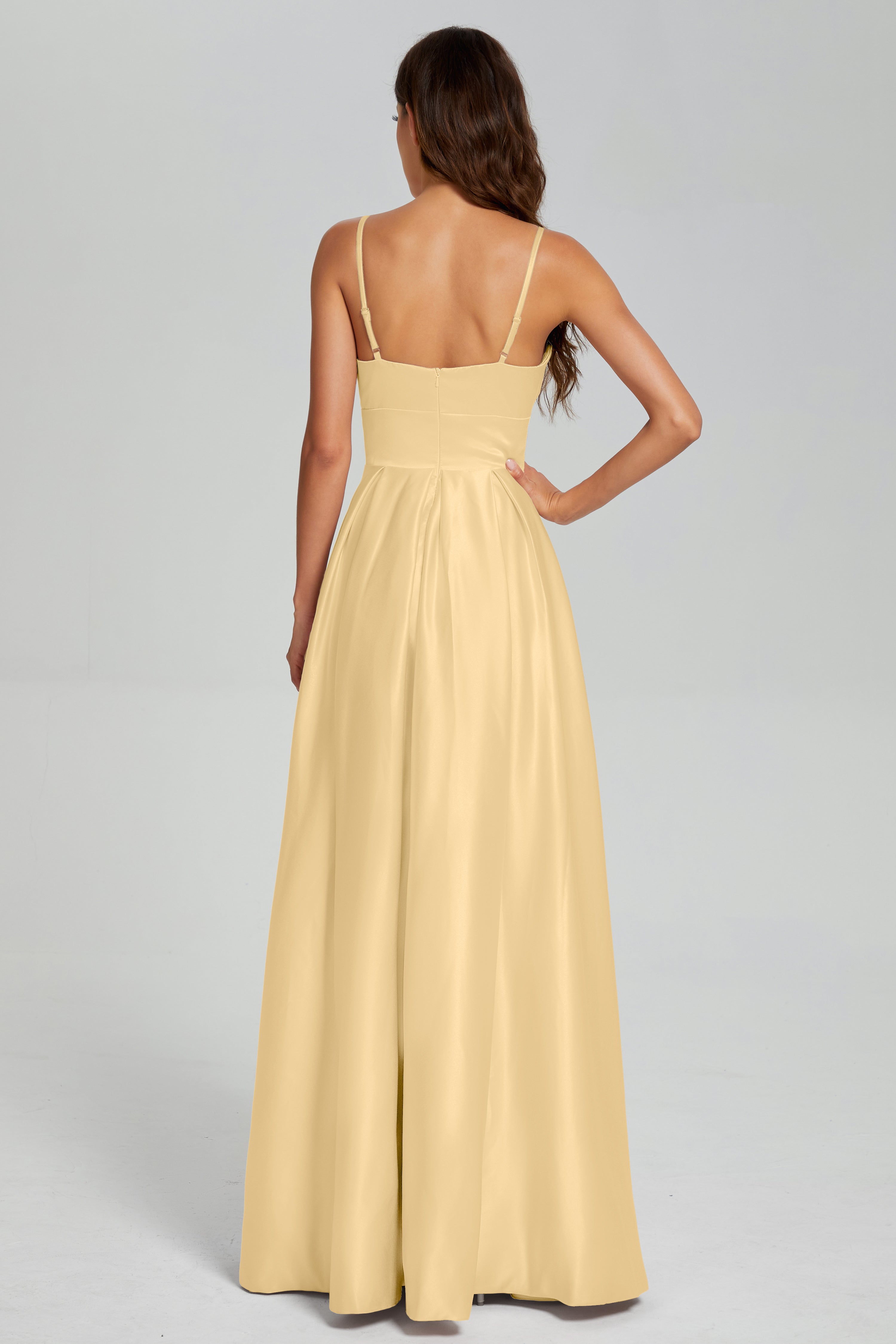 V-neck Spaghetti Straps Satin Prom Dresses