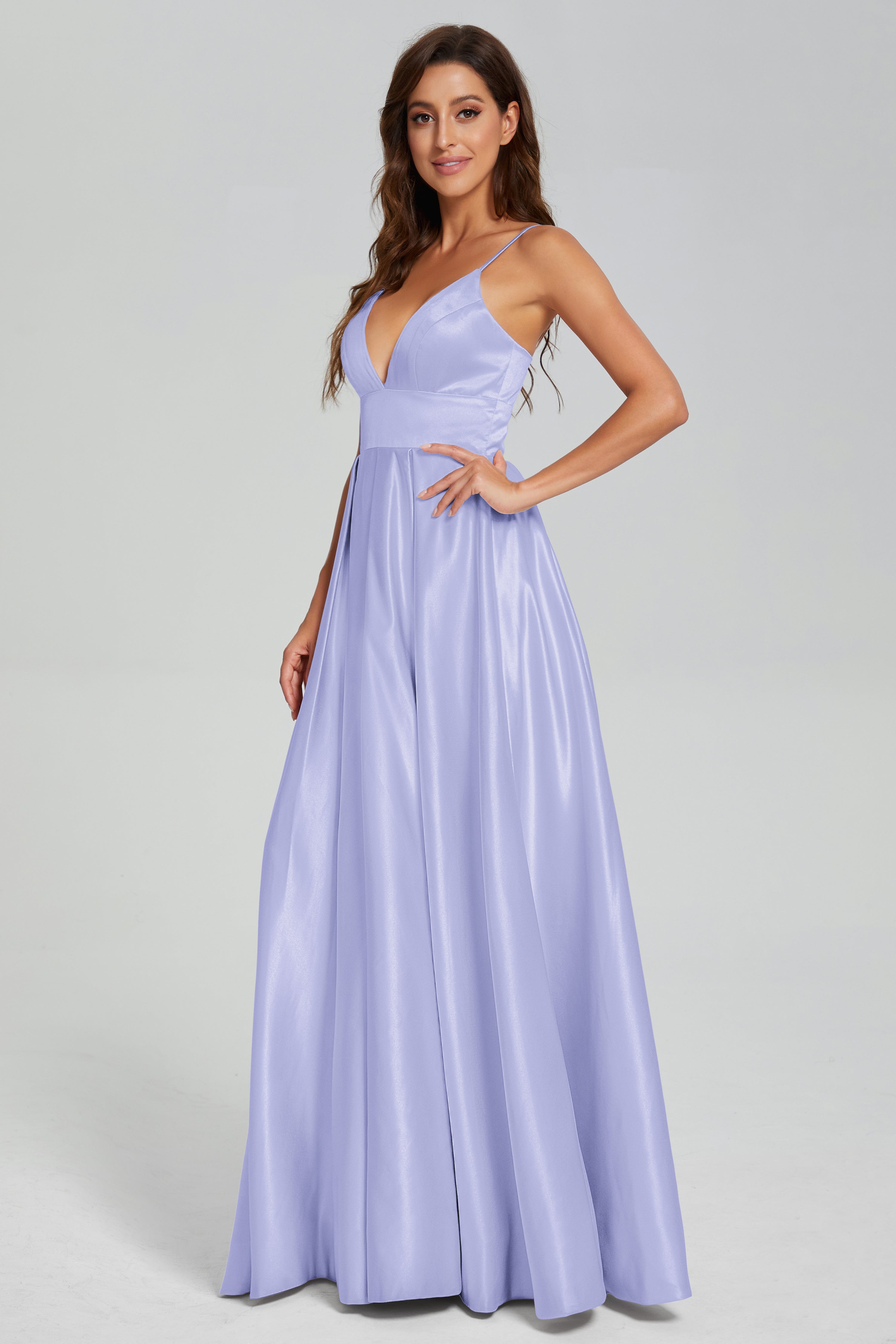 V-neck Spaghetti Straps Satin Prom Dresses