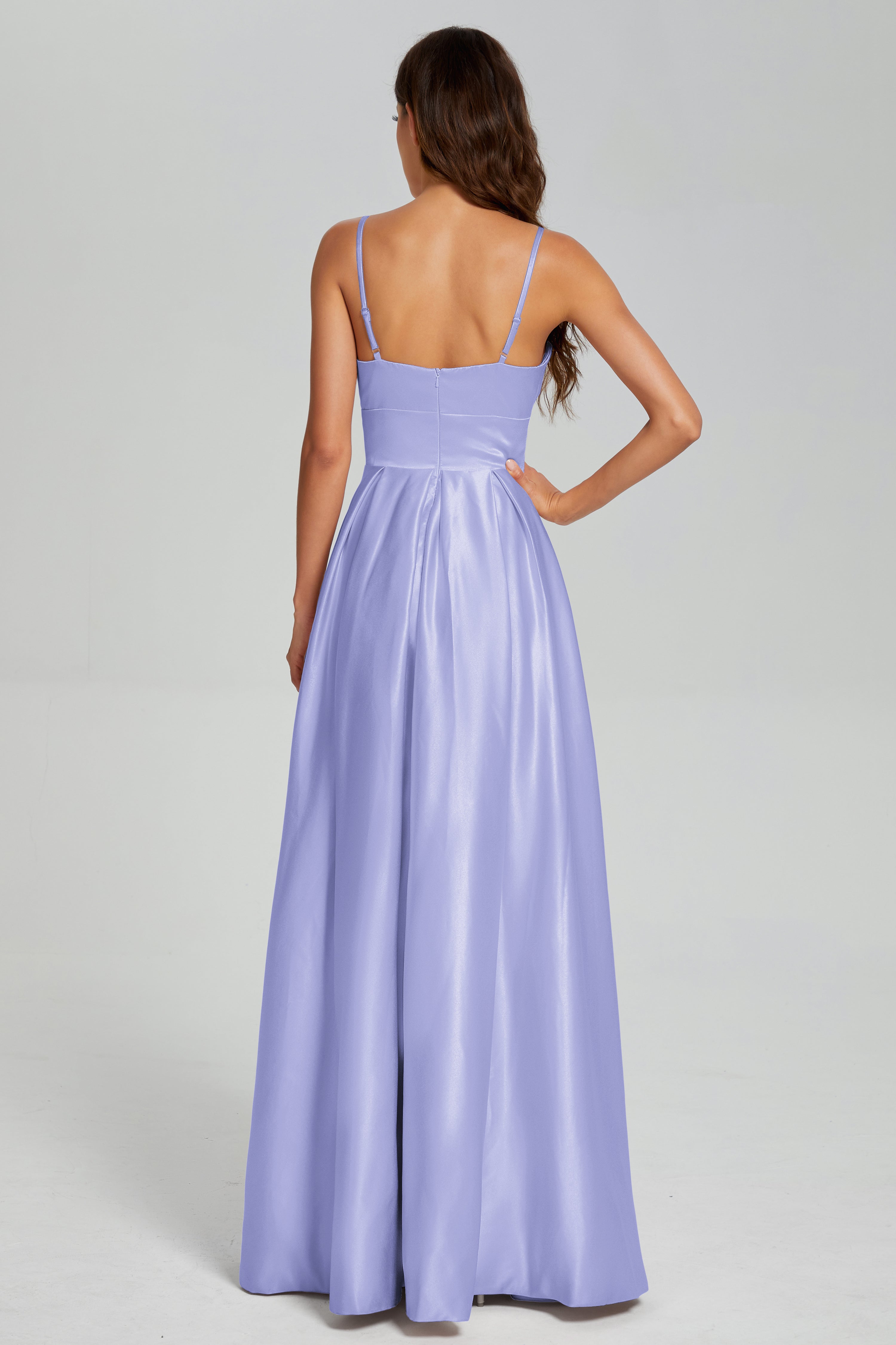 V-neck Spaghetti Straps Satin Prom Dresses