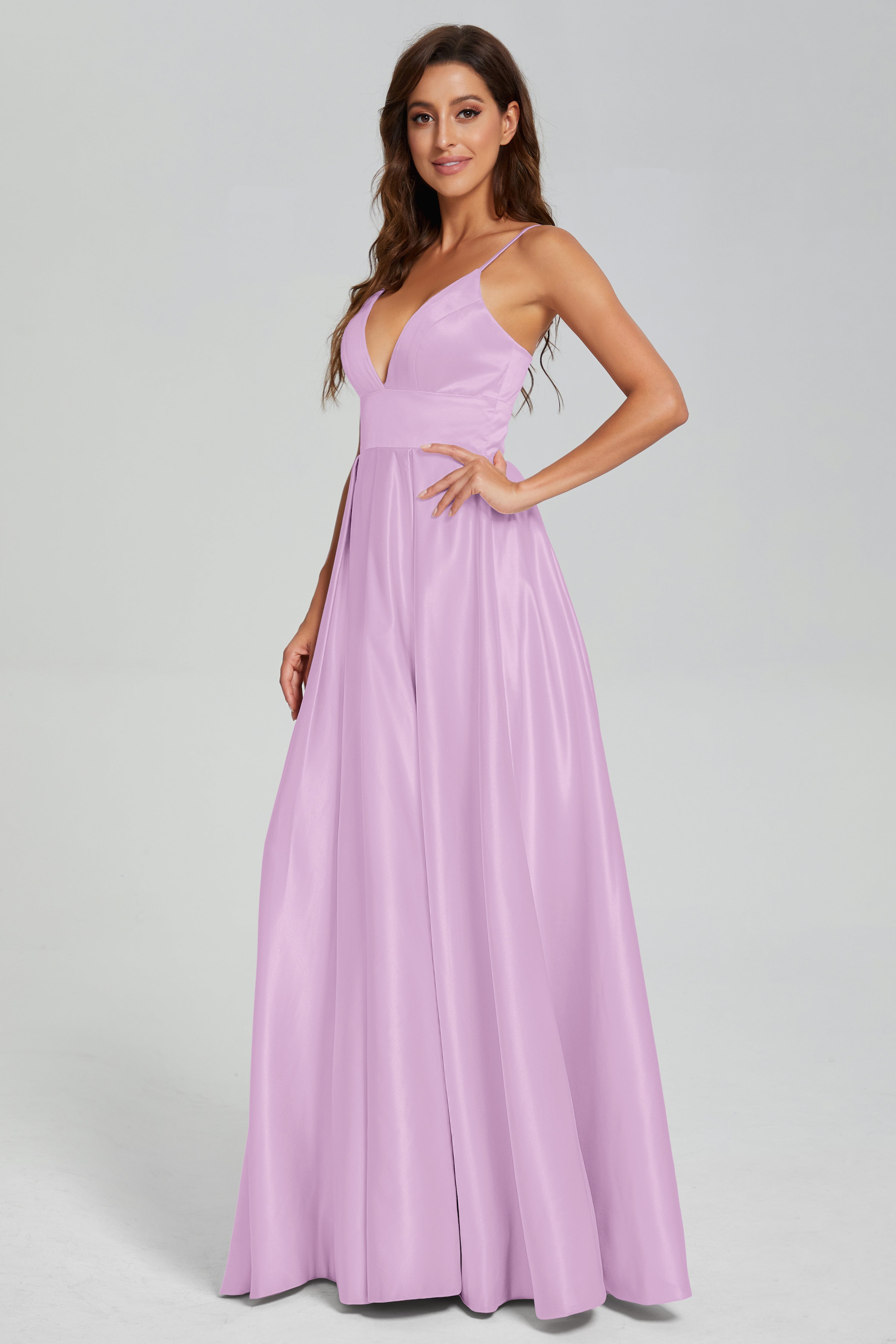 V-neck Spaghetti Straps Satin Prom Dresses