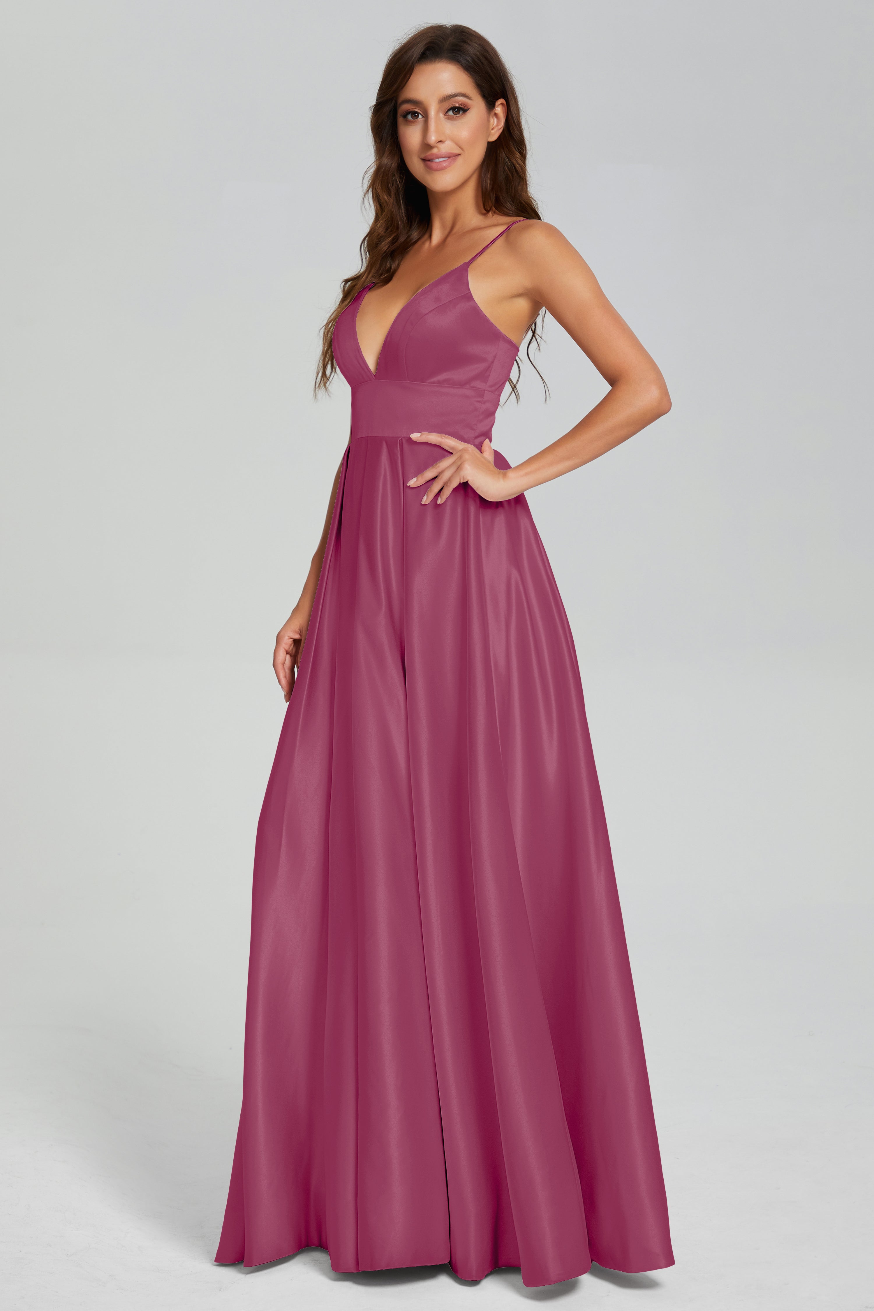 V-neck Spaghetti Straps Satin Prom Dresses