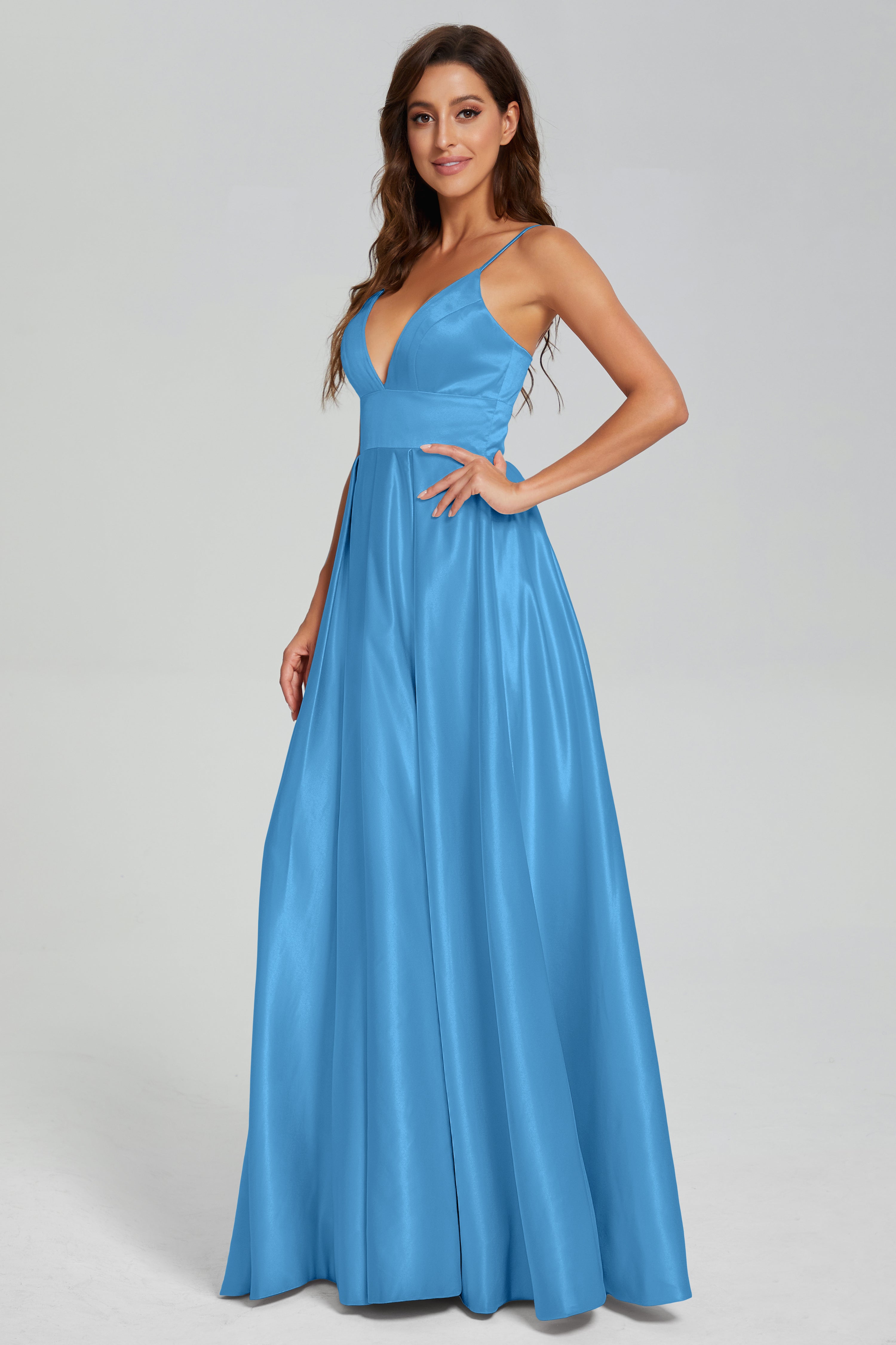 V-neck Spaghetti Straps Satin Prom Dresses