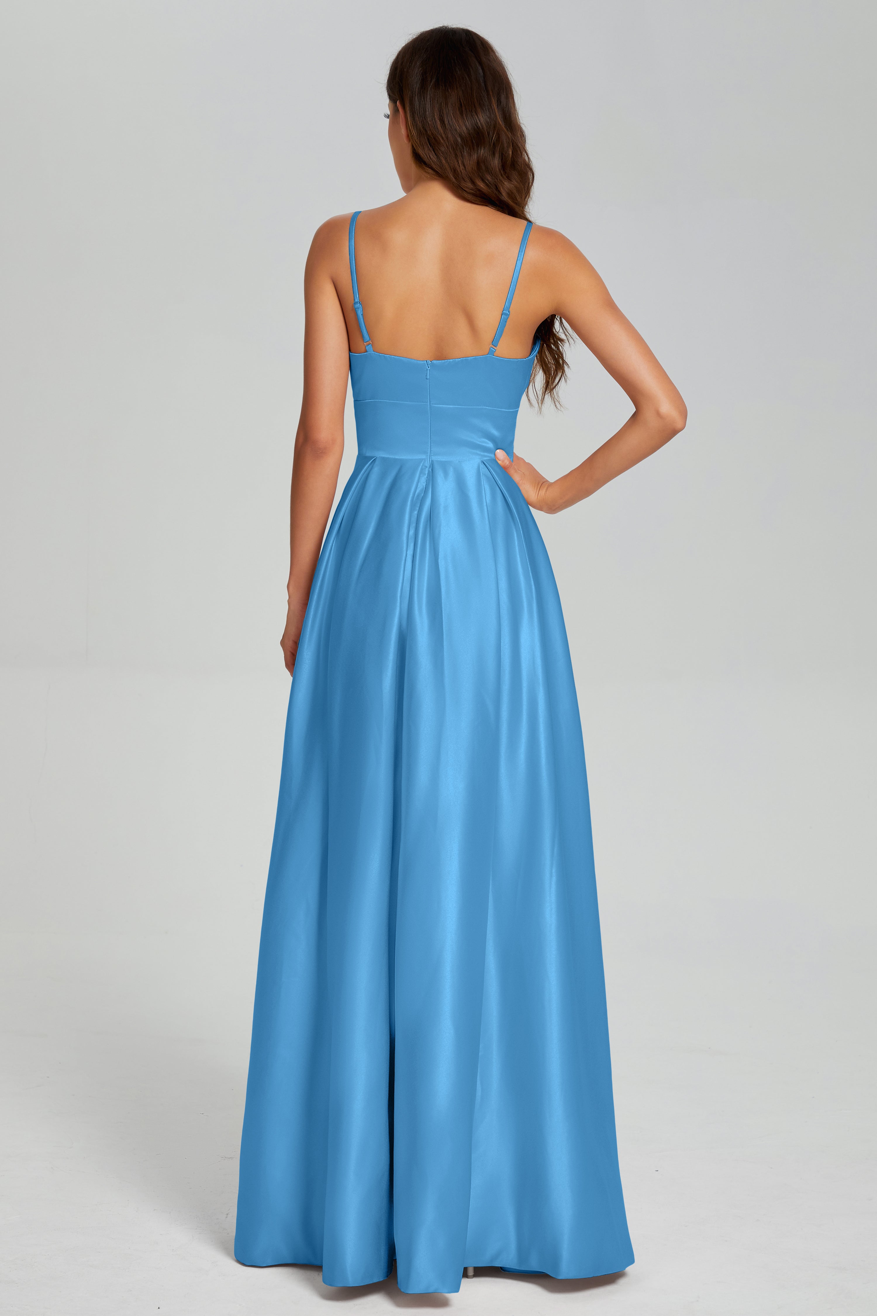 V-neck Spaghetti Straps Satin Prom Dresses