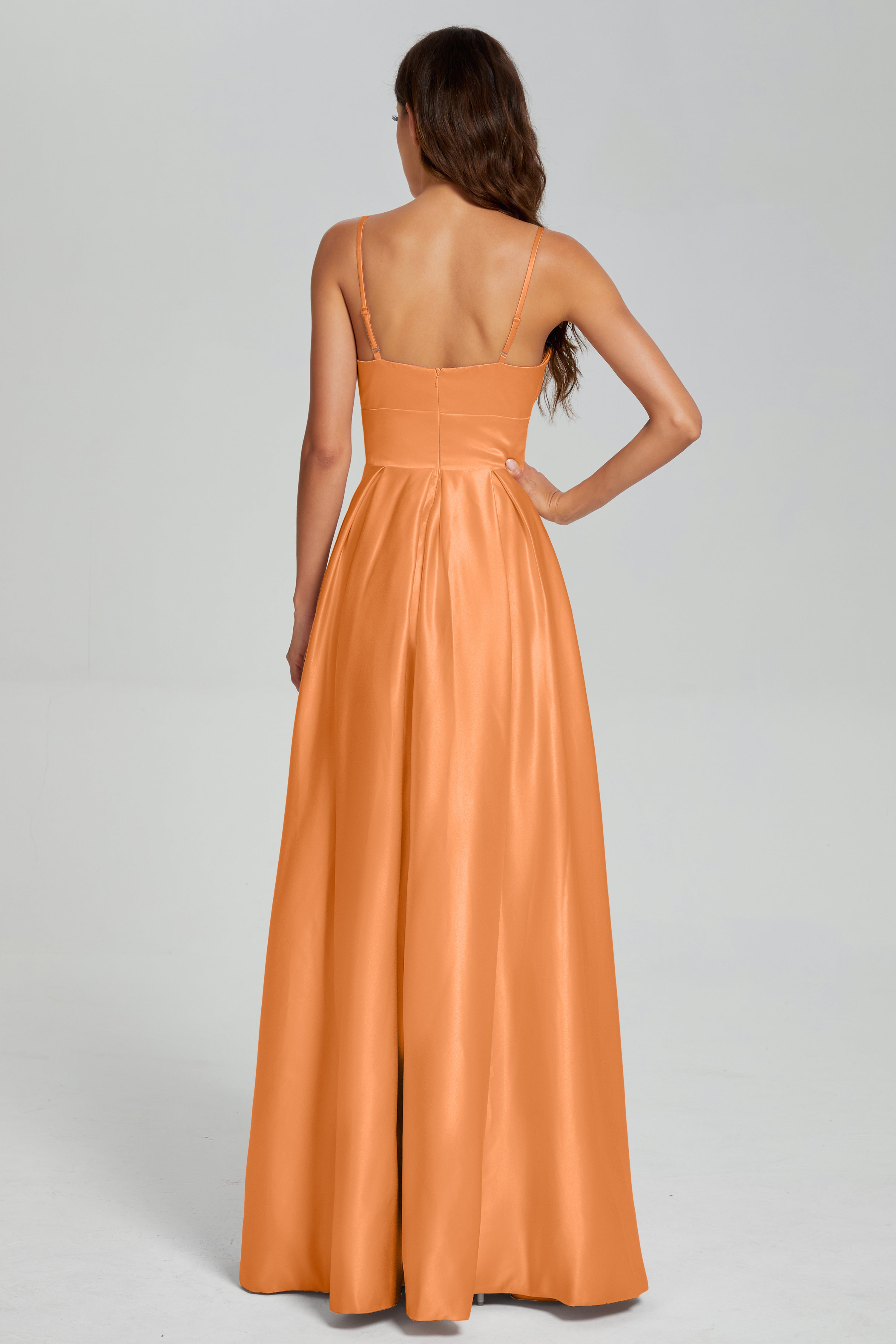 V-neck Spaghetti Straps Satin Prom Dresses