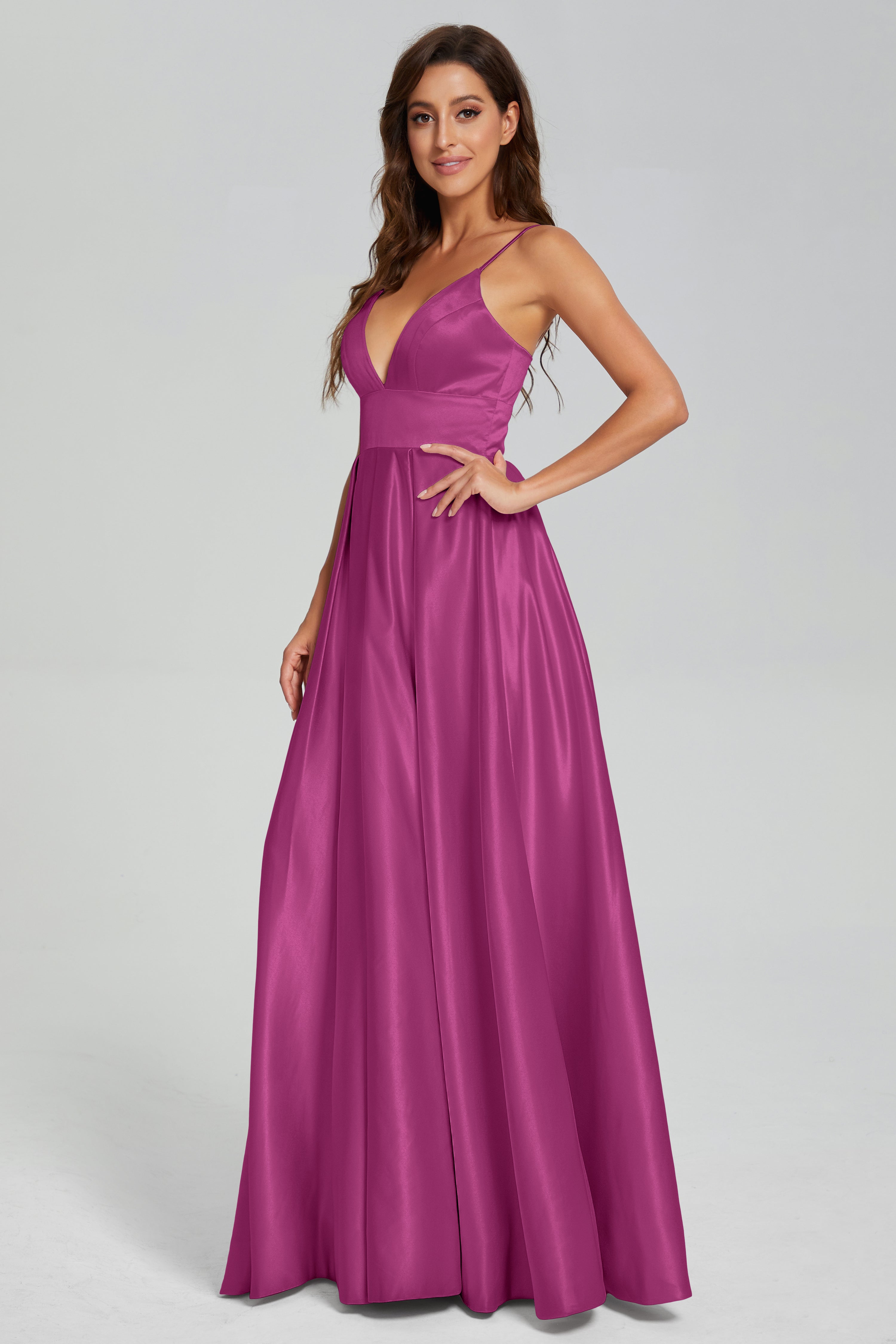 V-neck Spaghetti Straps Satin Prom Dresses