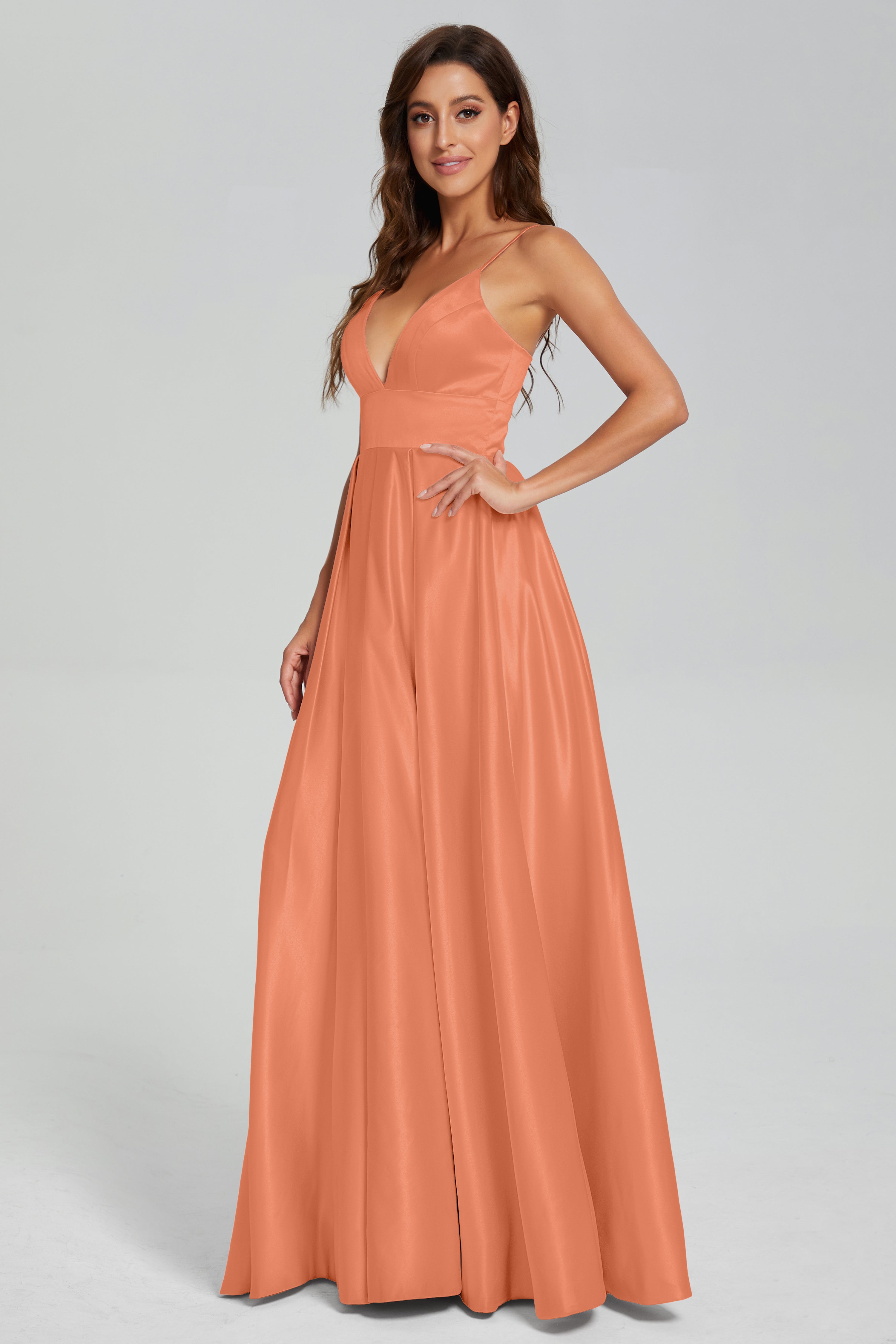 V-neck Spaghetti Straps Satin Prom Dresses