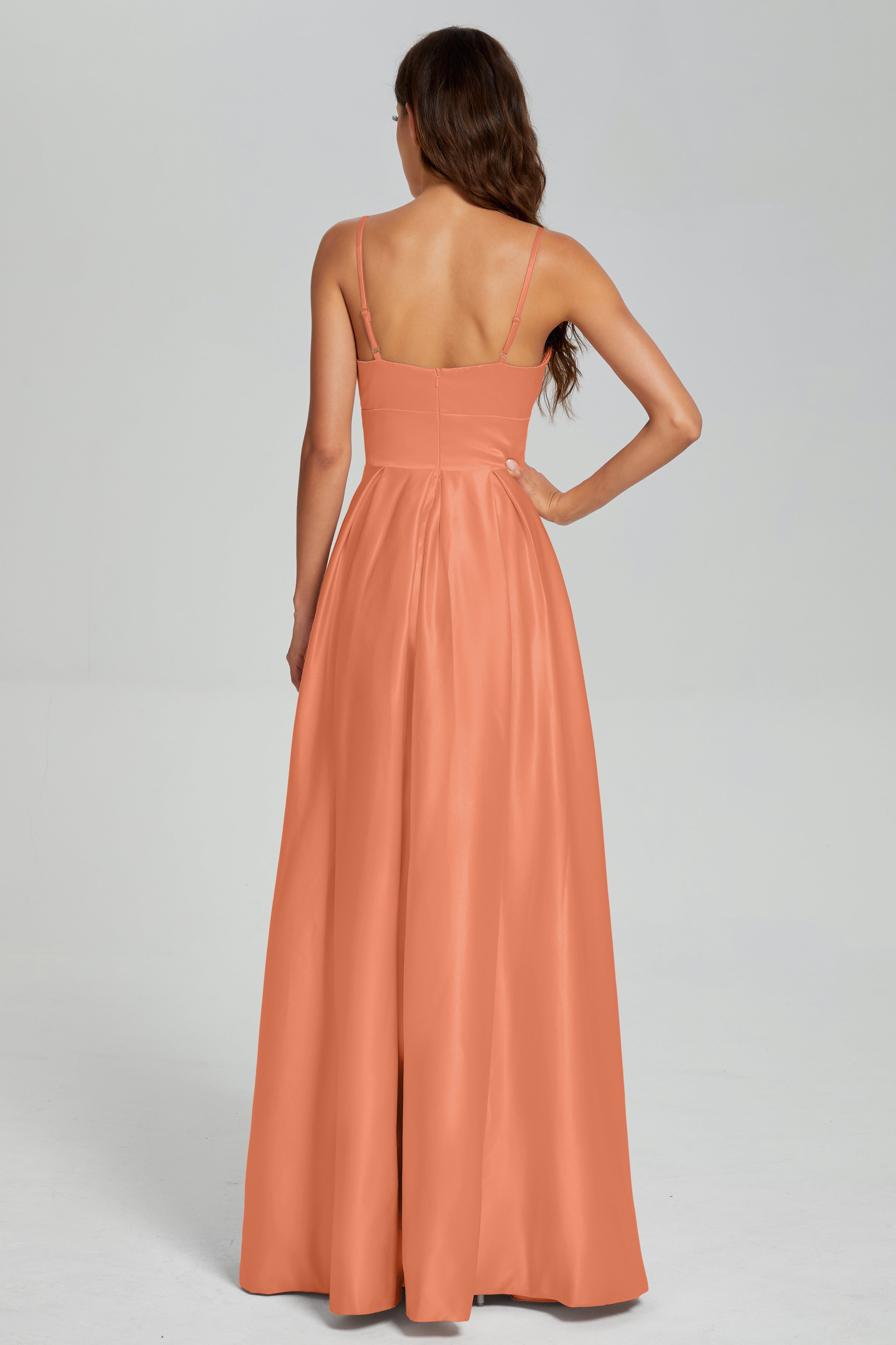 V-neck Spaghetti Straps Satin Prom Dresses