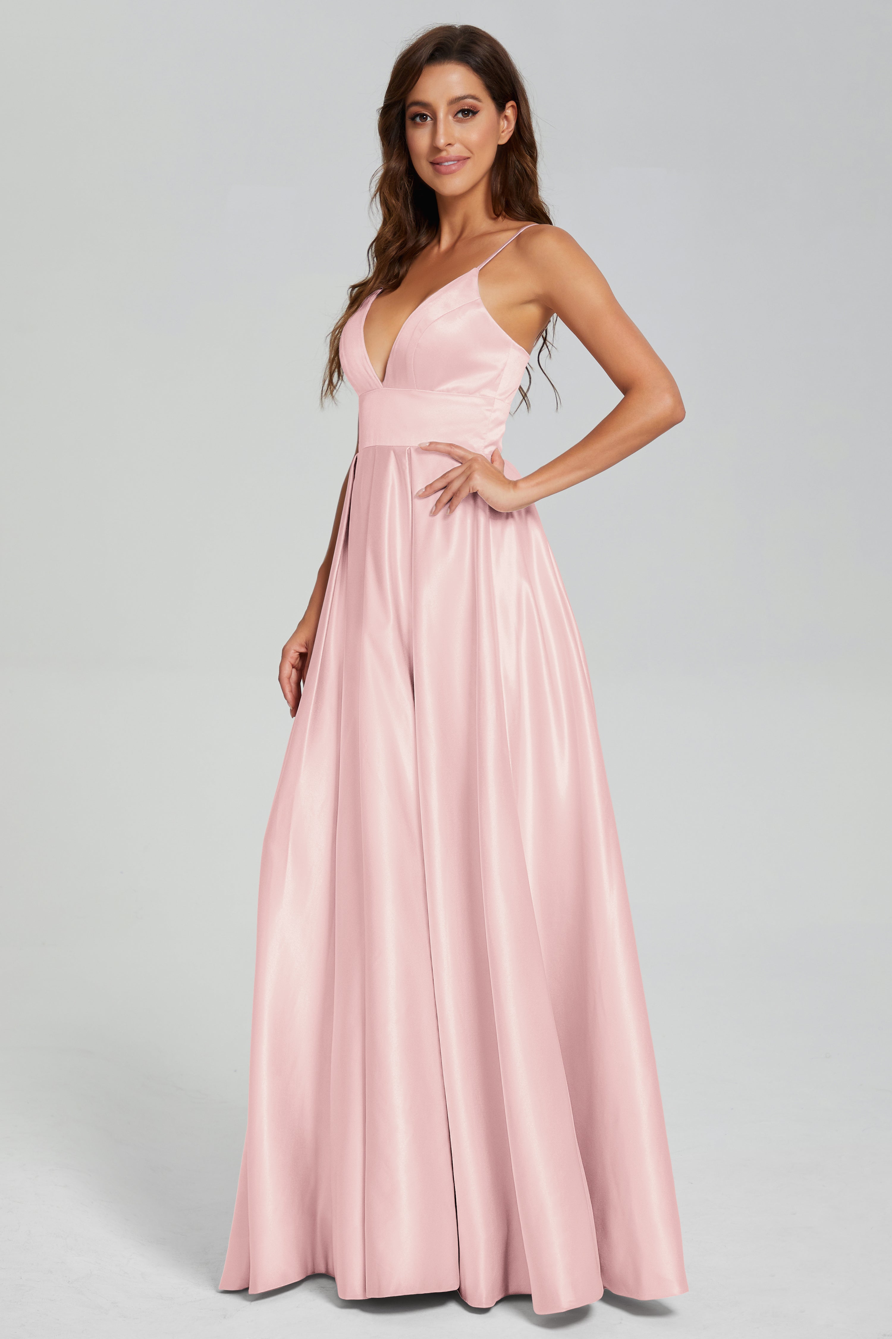 V-neck Spaghetti Straps Satin Prom Dresses