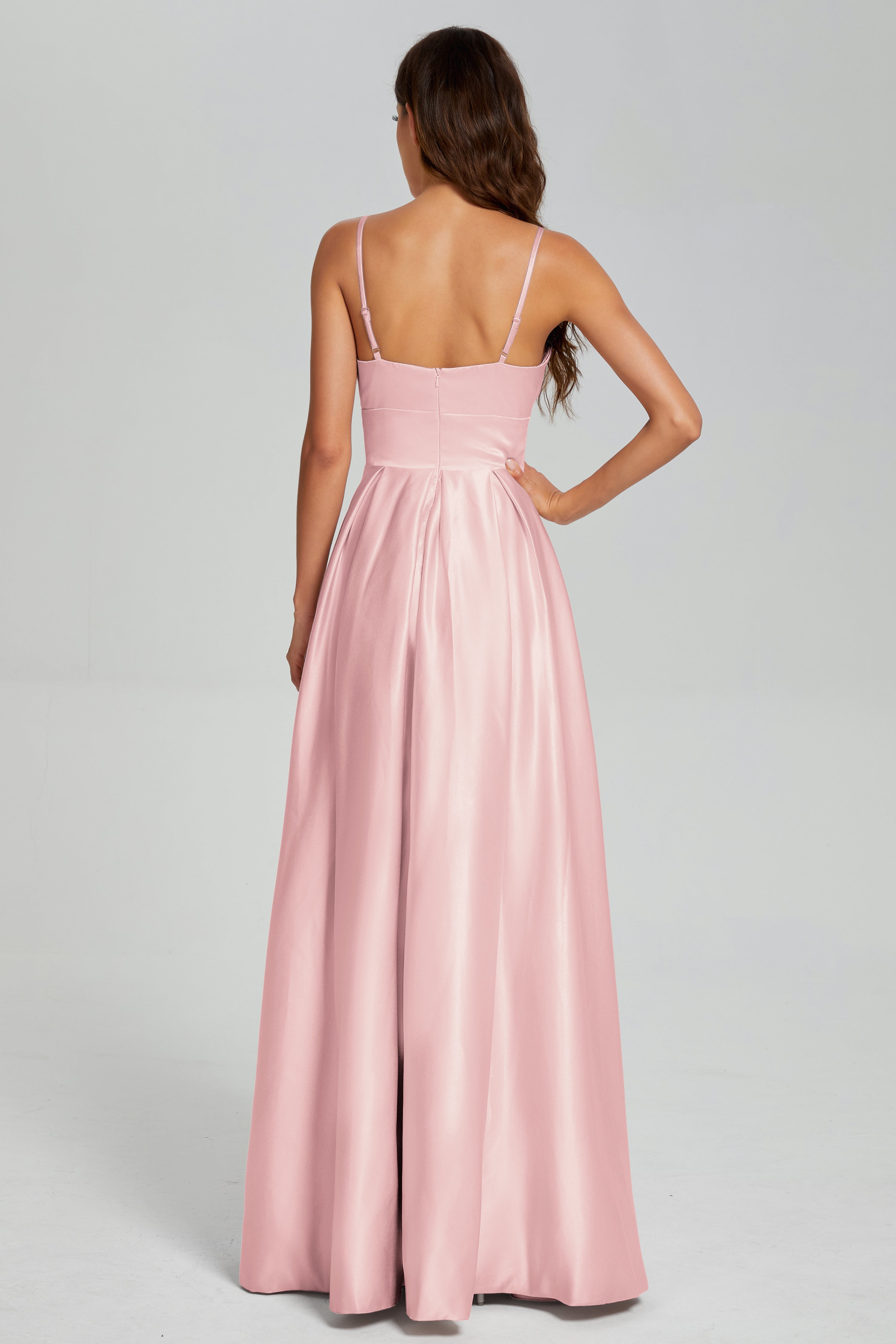 V-neck Spaghetti Straps Satin Prom Dresses