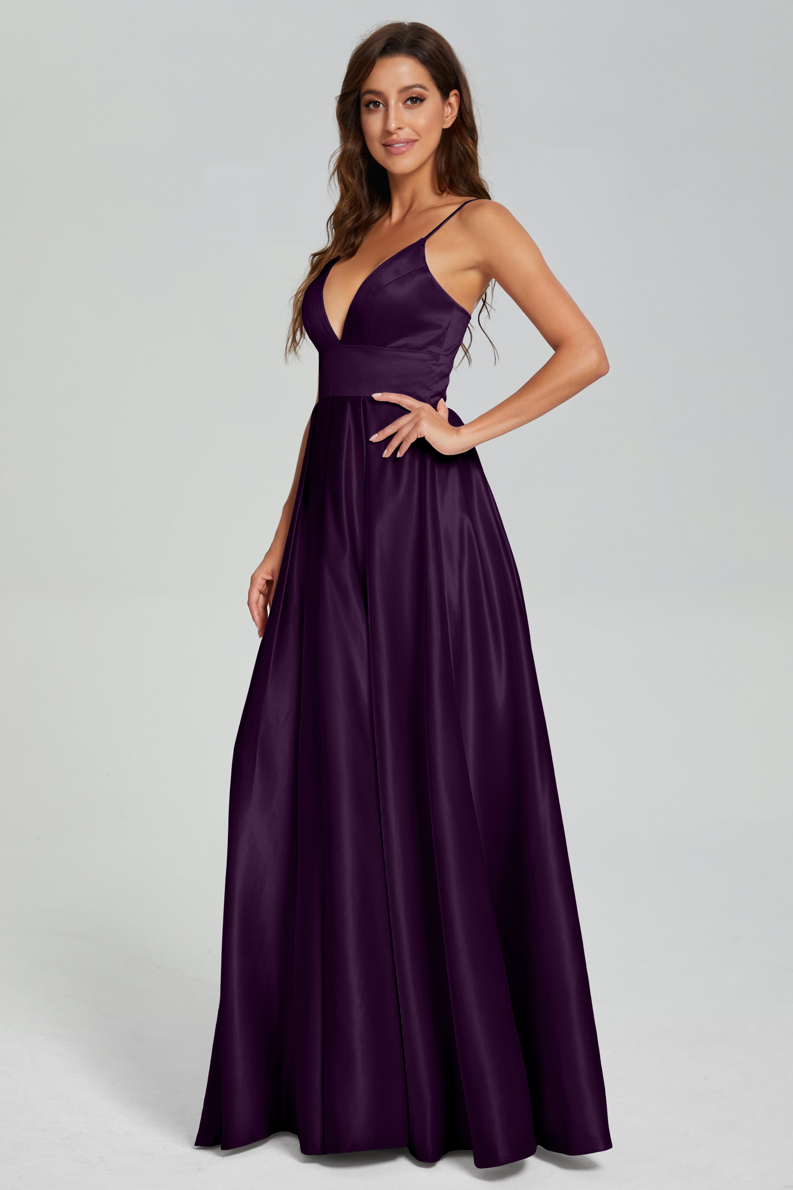 V-neck Spaghetti Straps Satin Prom Dresses