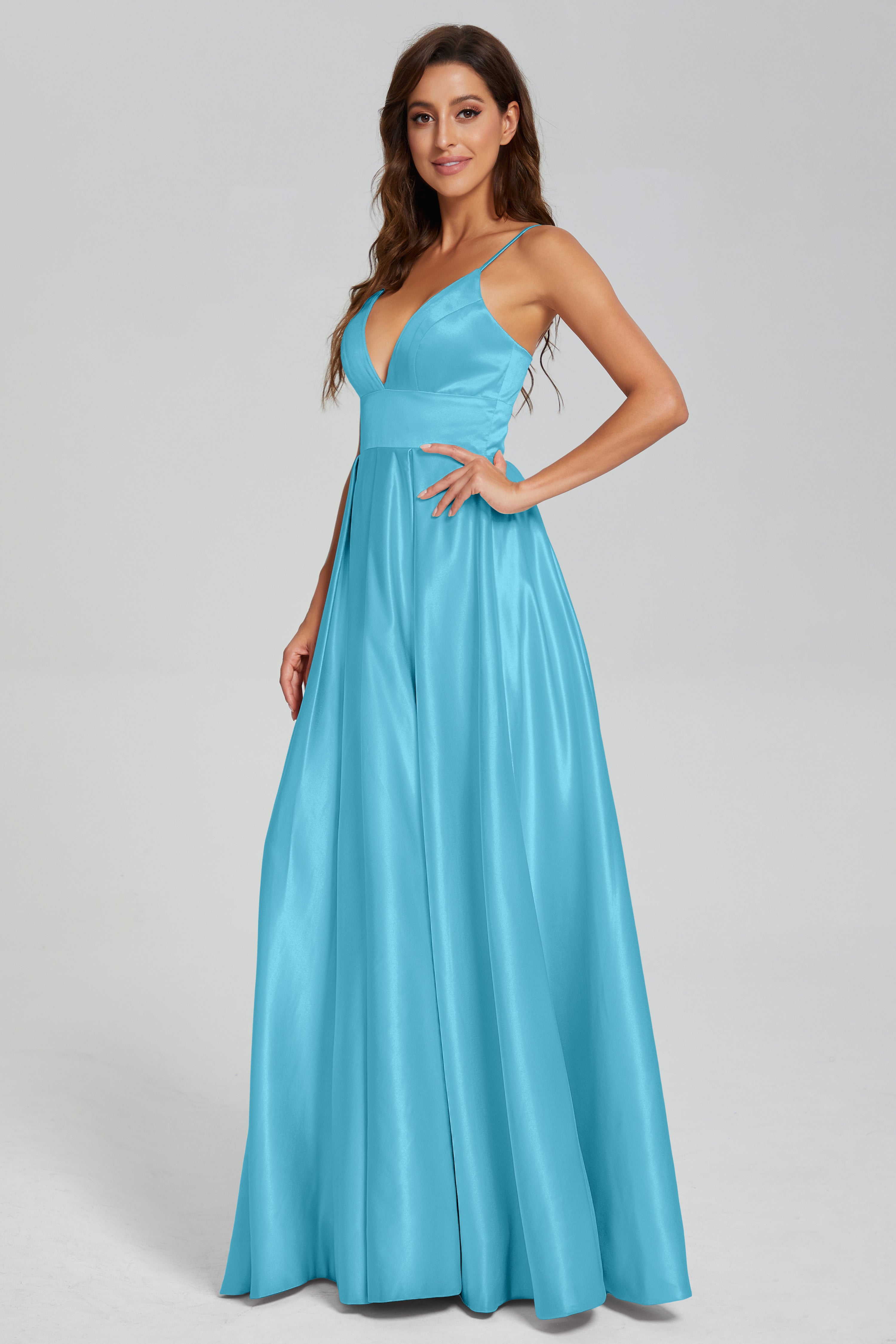 V-neck Spaghetti Straps Satin Prom Dresses