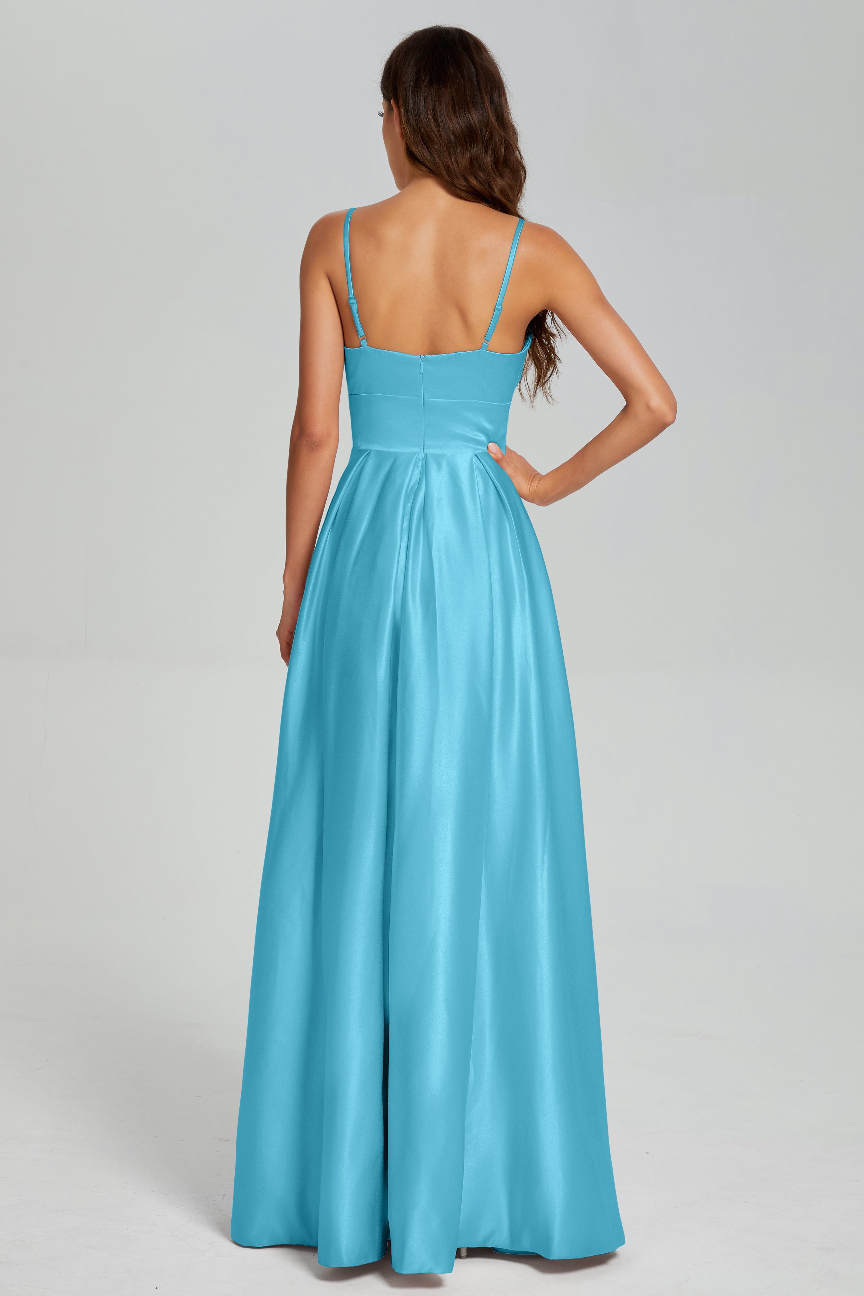 V-neck Spaghetti Straps Satin Prom Dresses