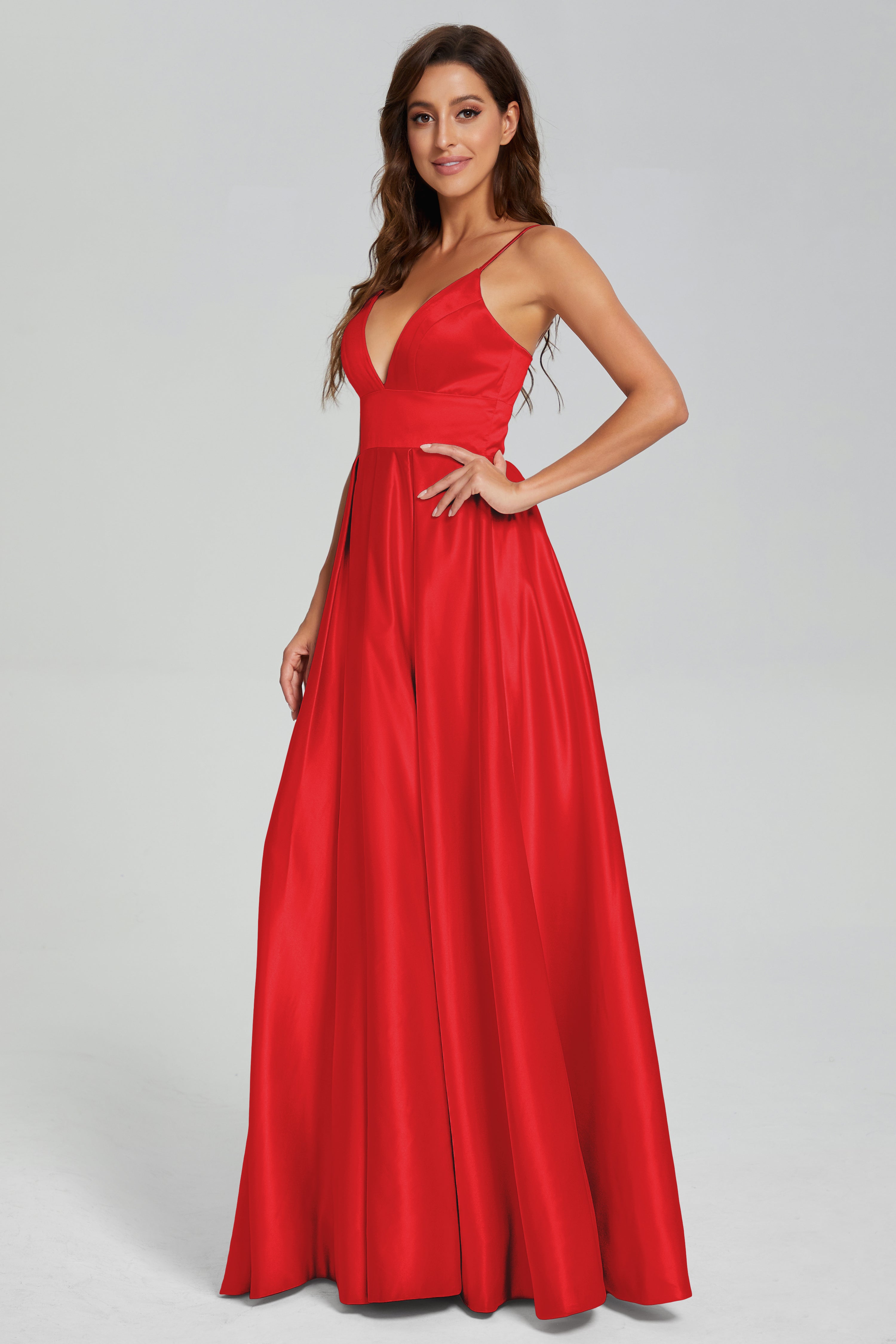 V-neck Spaghetti Straps Satin Prom Dresses