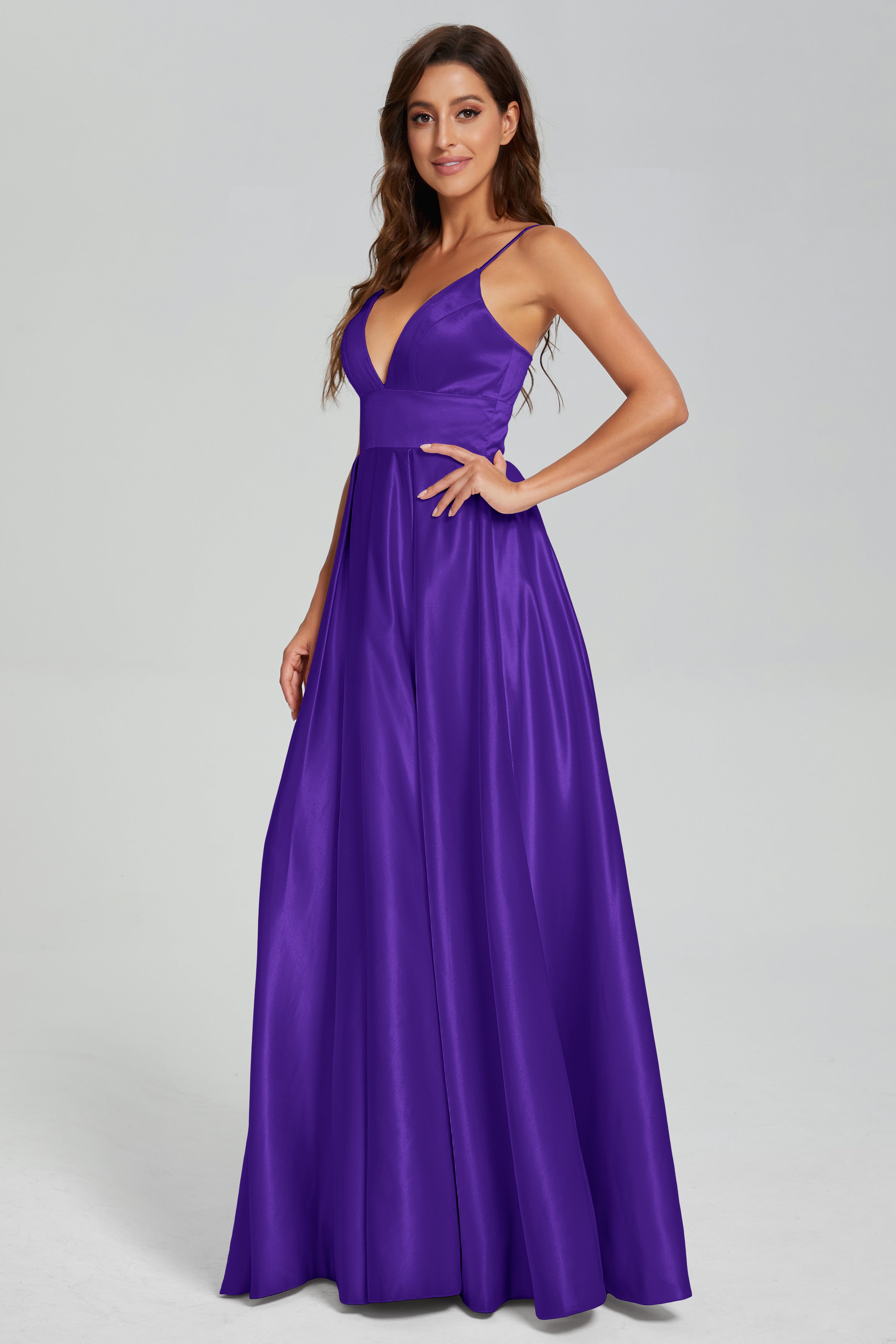 V-neck Spaghetti Straps Satin Prom Dresses