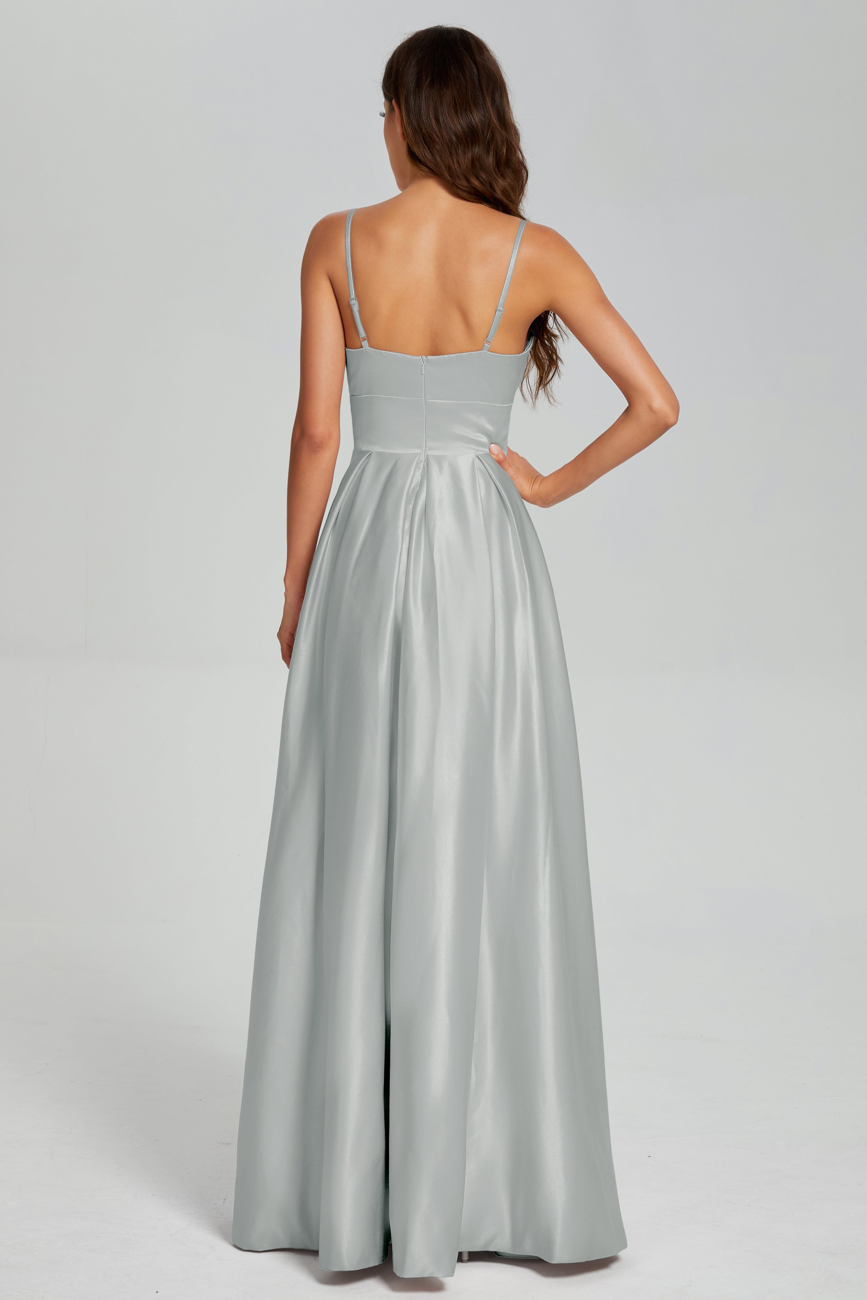 V-neck Spaghetti Straps Satin Prom Dresses