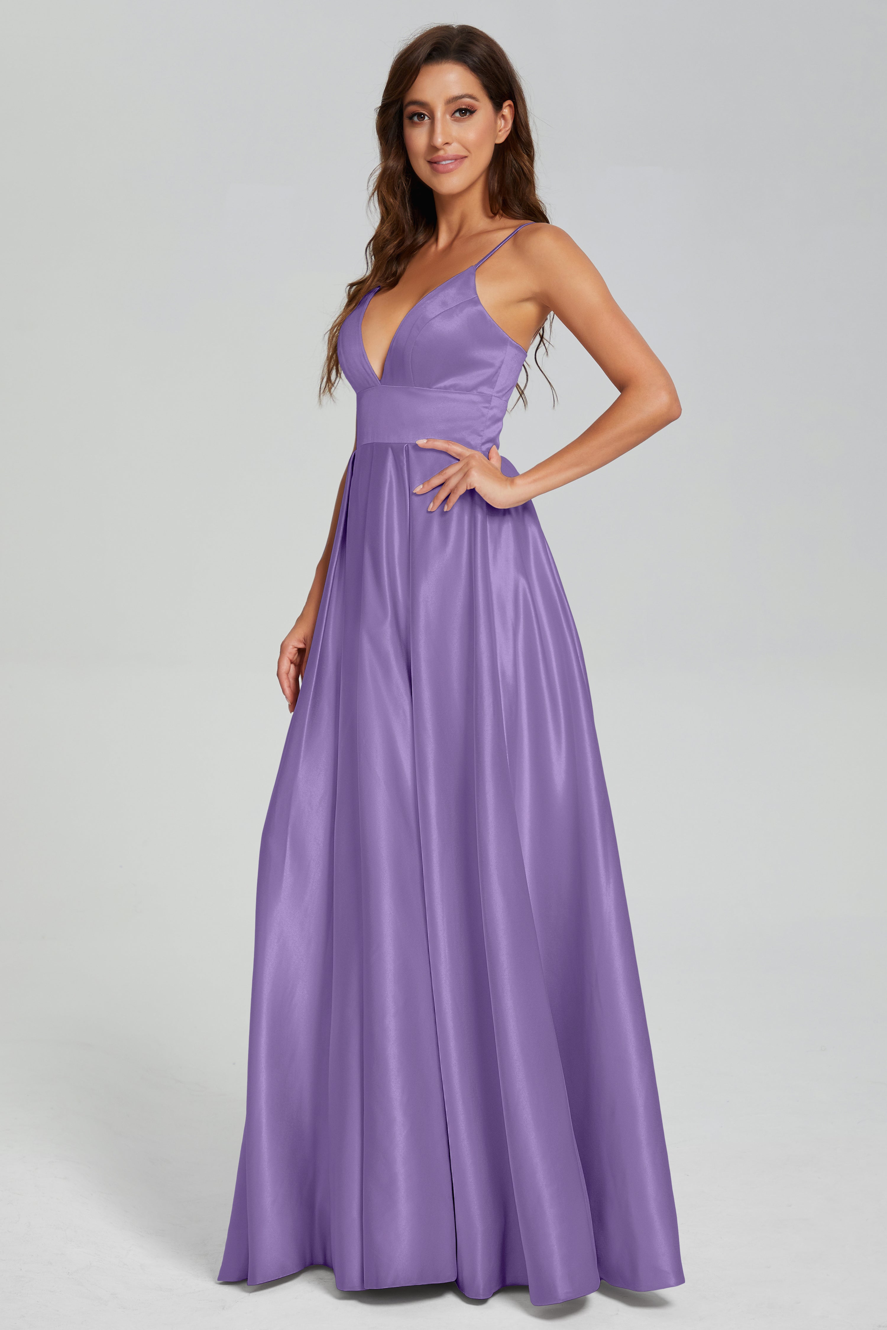 V-neck Spaghetti Straps Satin Prom Dresses