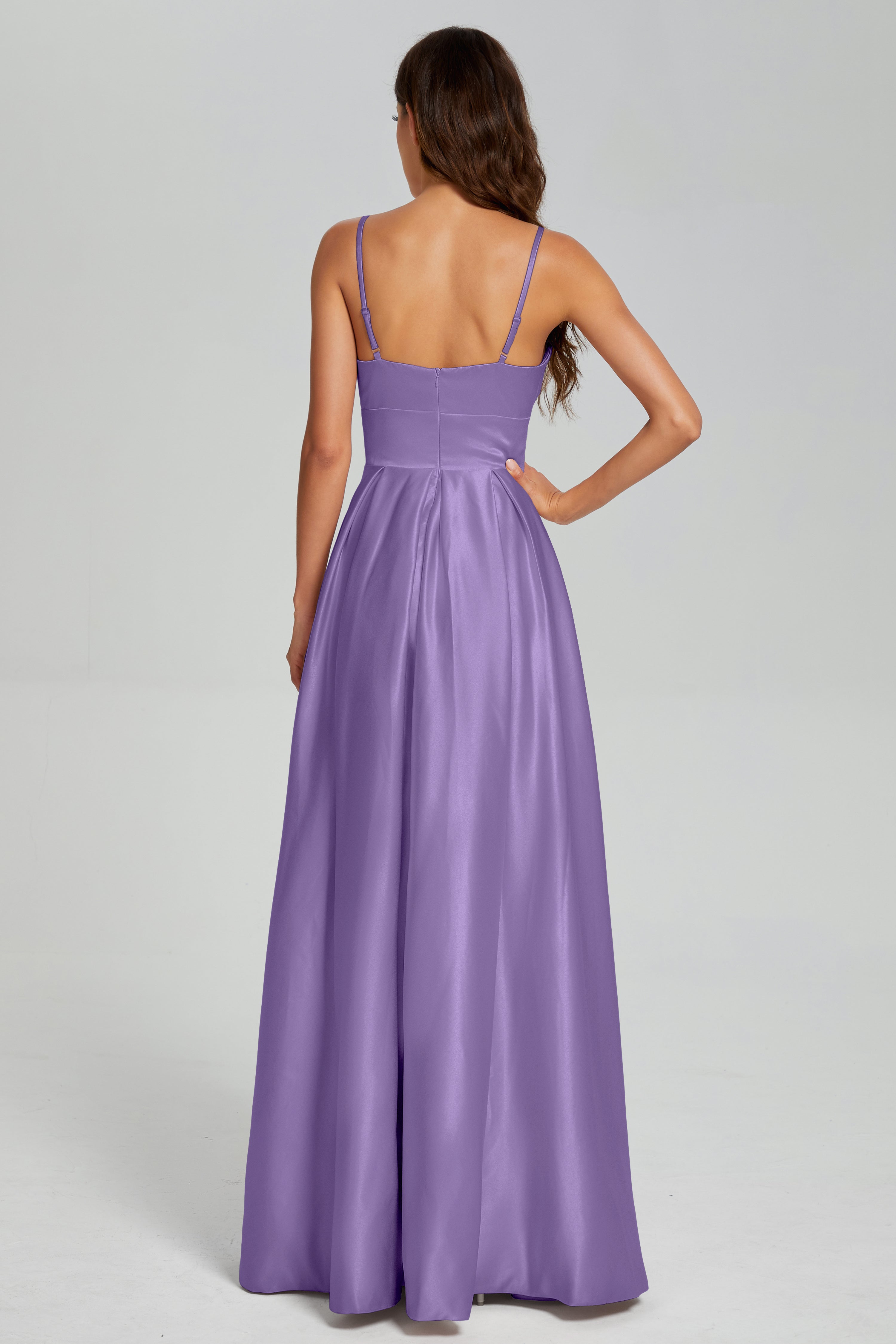 V-neck Spaghetti Straps Satin Prom Dresses