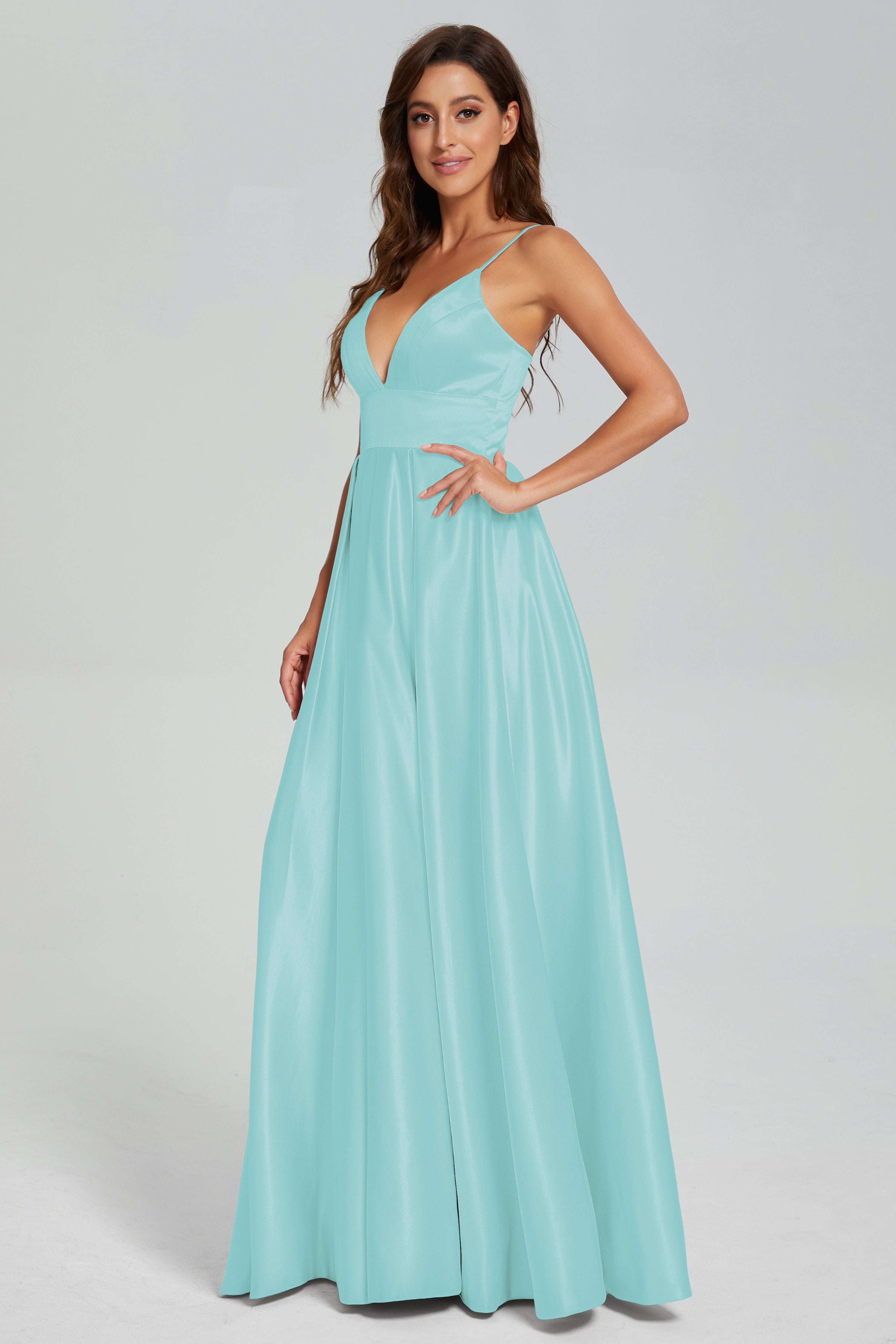 V-neck Spaghetti Straps Satin Prom Dresses