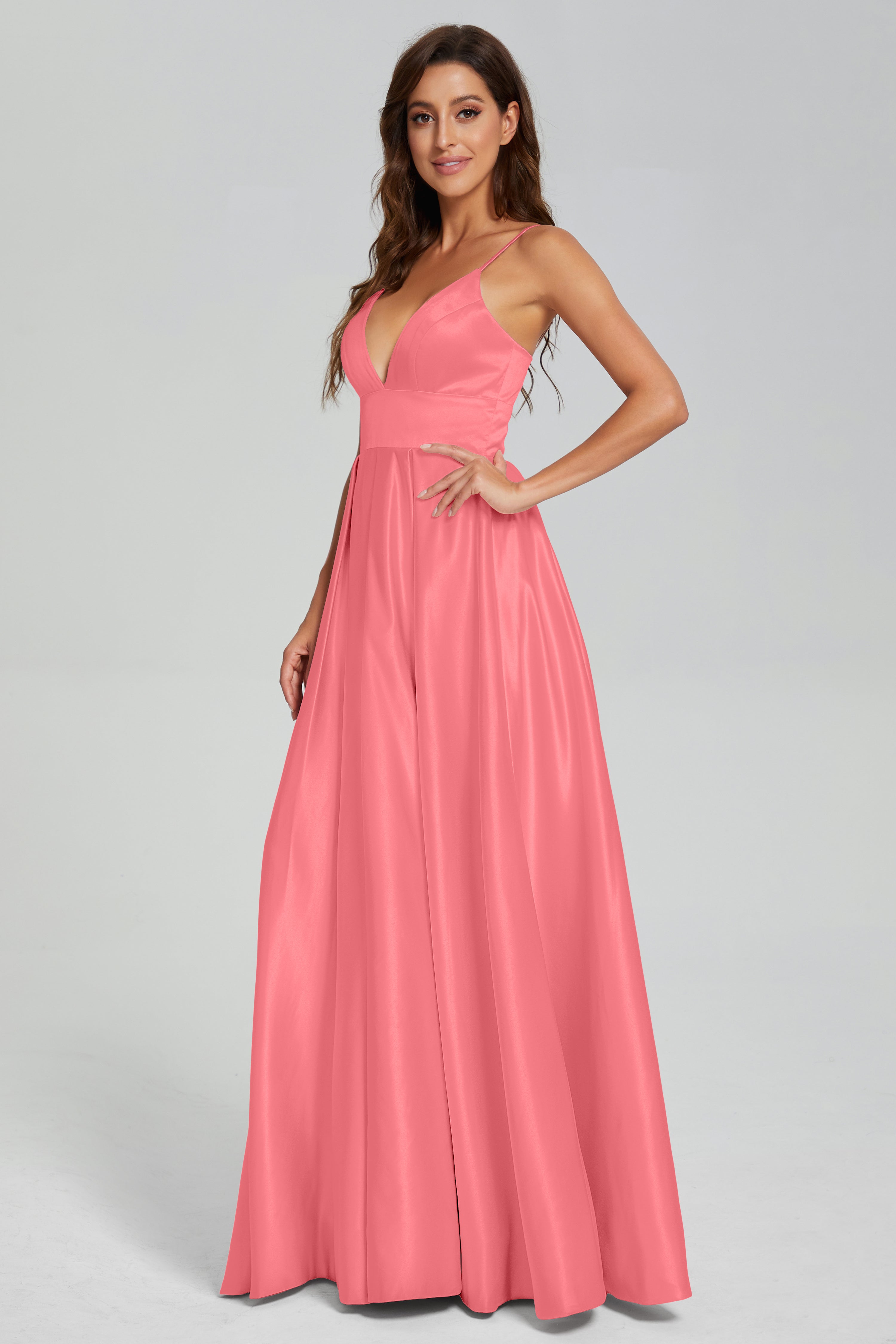 V-neck Spaghetti Straps Satin Prom Dresses